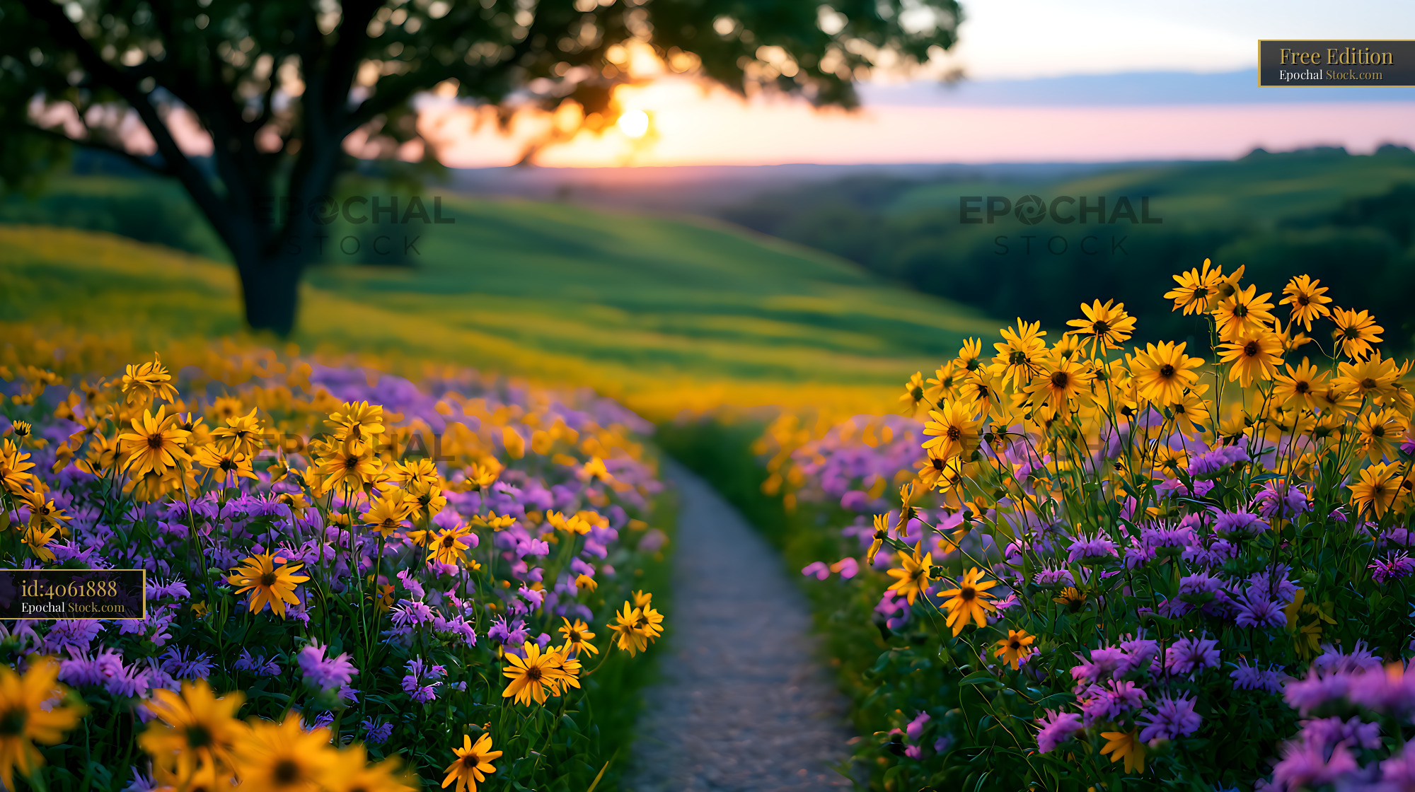 Minnesota prairie wildflower path through rolling hills at sunset - stock photo