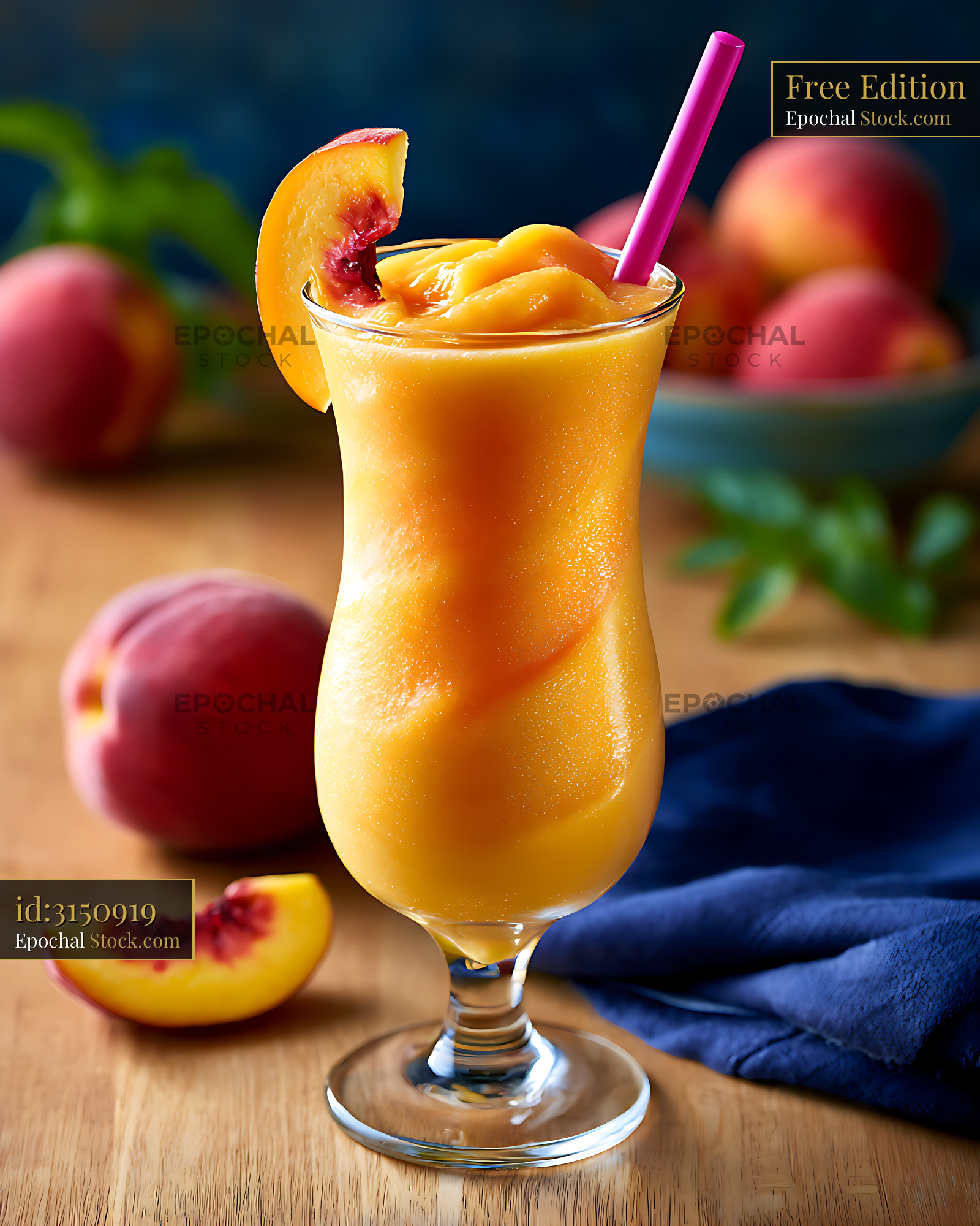 Argentinian peach smoothie in a glass with a pink straw and fruit - stock photo
