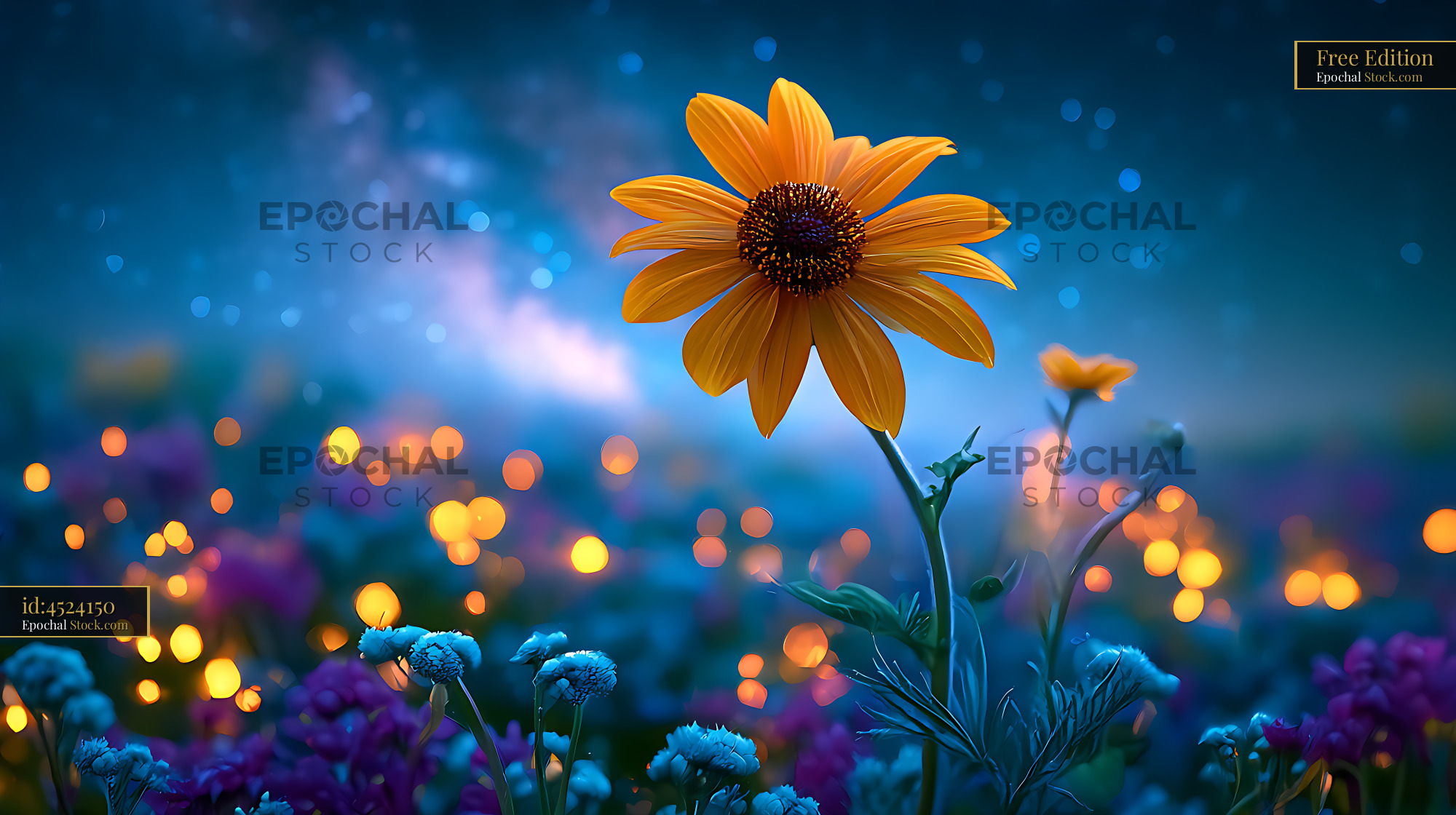 Yellow alpine arnica flower blooming under the milky way at night - stock photo