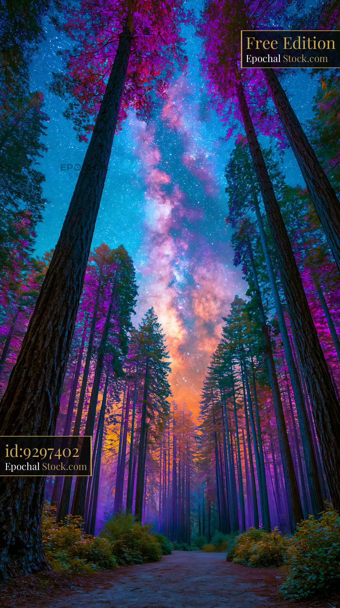 Redwood grove under a vibrant milky way galaxy at night - stock photo