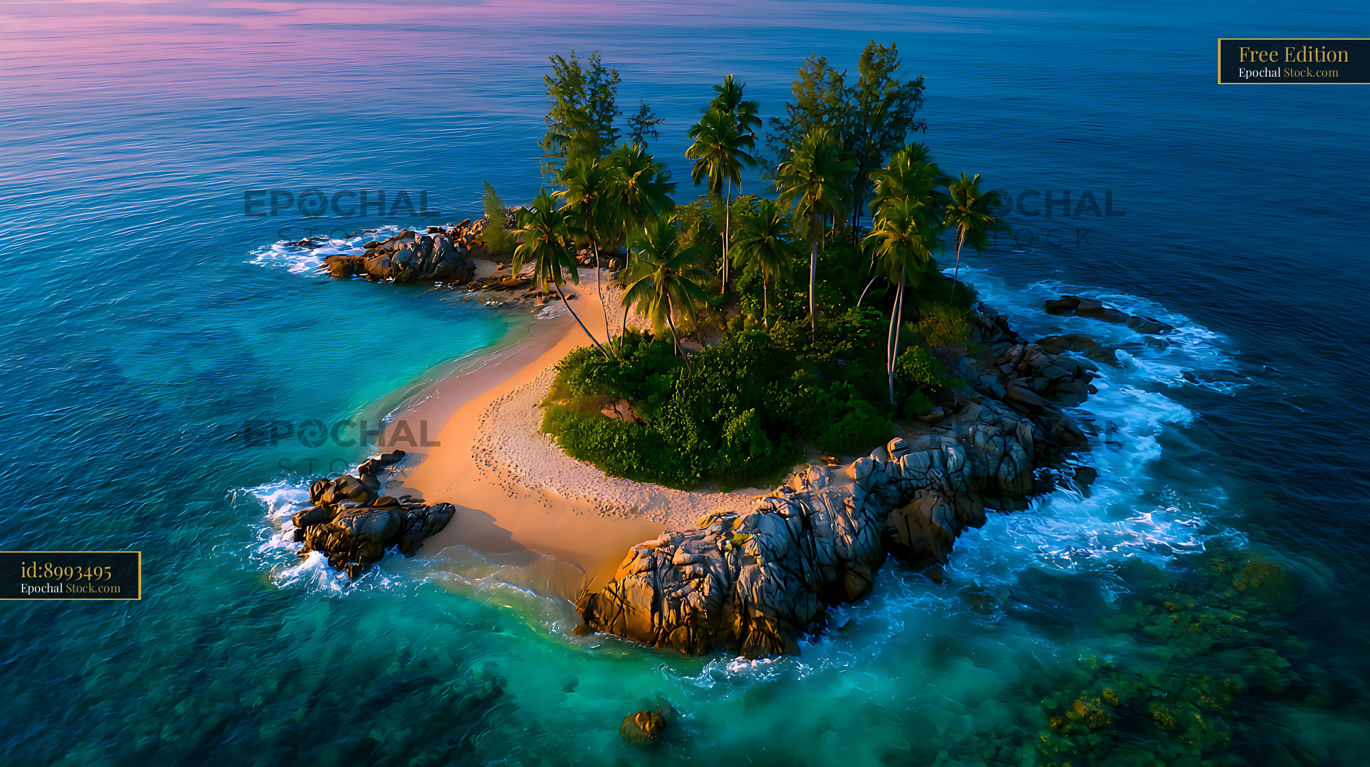 Aerial view of a secluded tropical island with palm trees and beach - stock photo