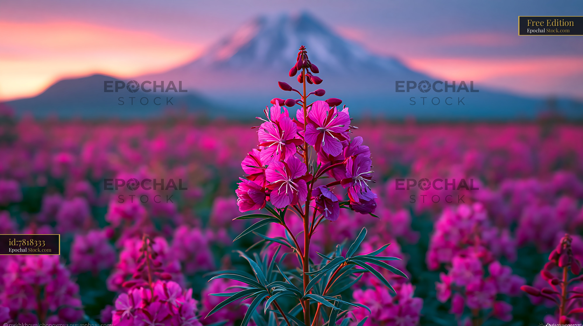 Vibrant alaskan fireweed blooming in front of a snow capped mountain - stock photo