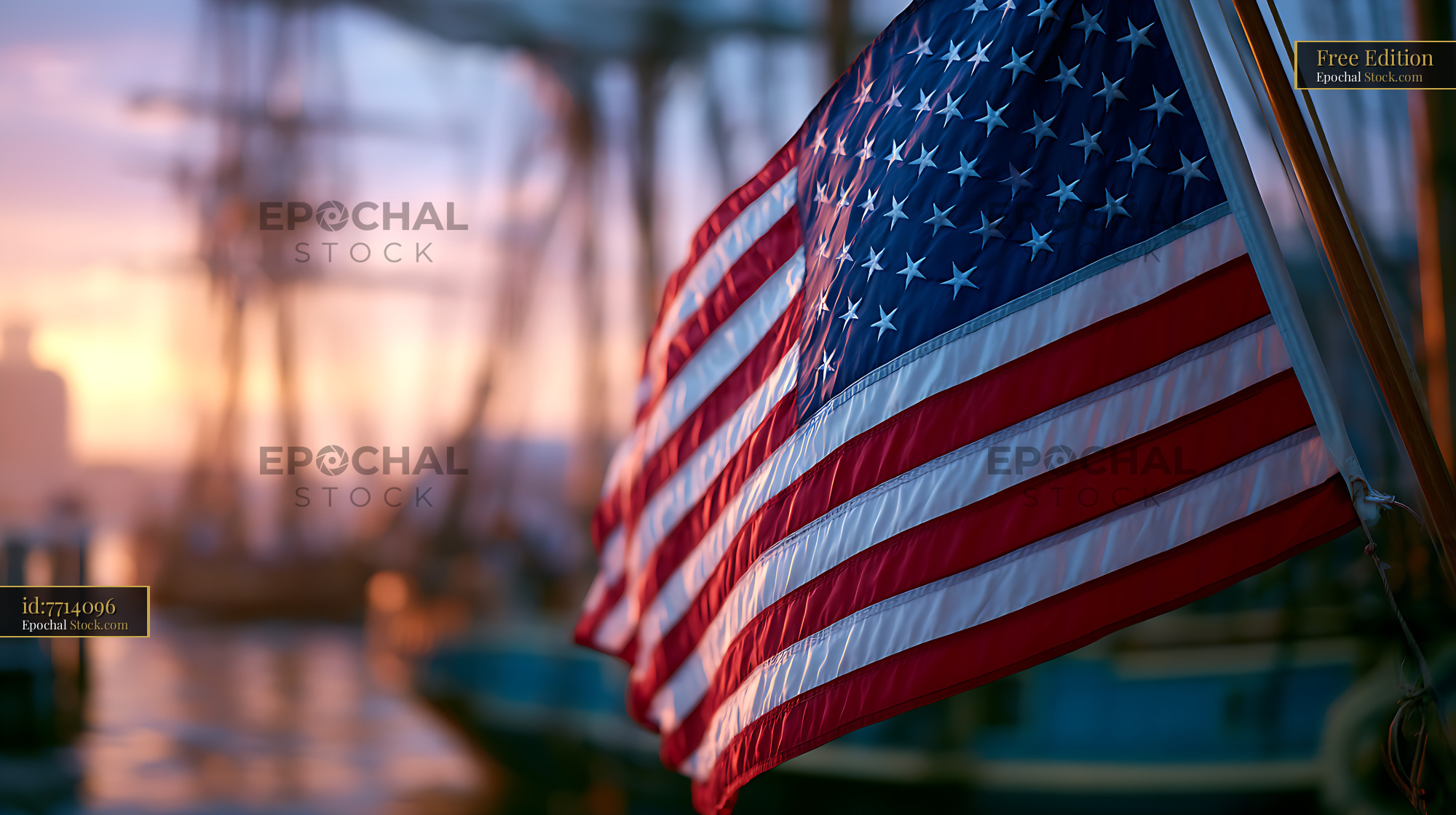 American flag waving in Boston Harbor at sunset with sailing ships - stock photo