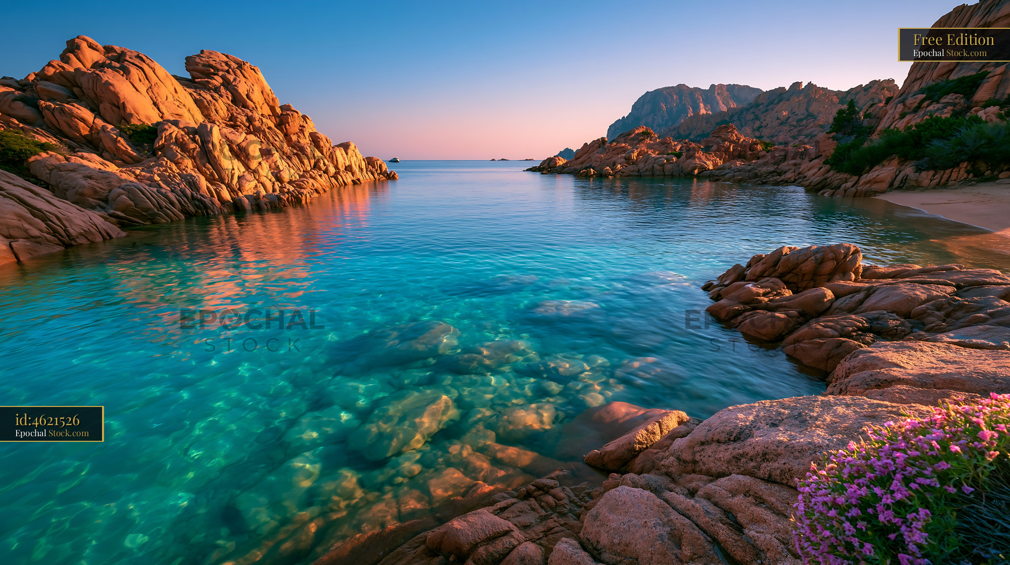 Rose granite rocks and turquoise water in a Sardinian bay at sunset - stock photo