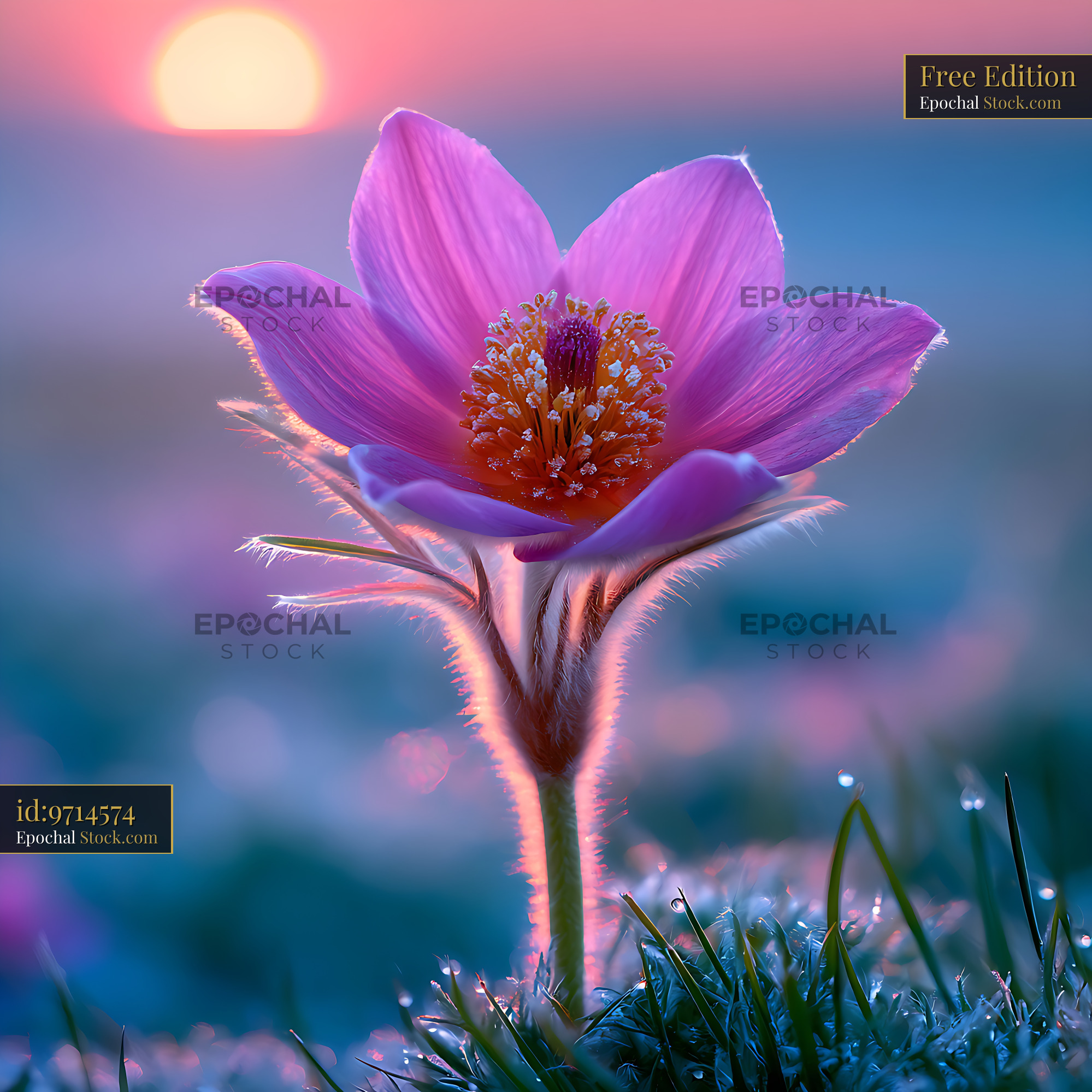 Purple pasque flower blooming in an alpine wild meadow at sunset - stock photo