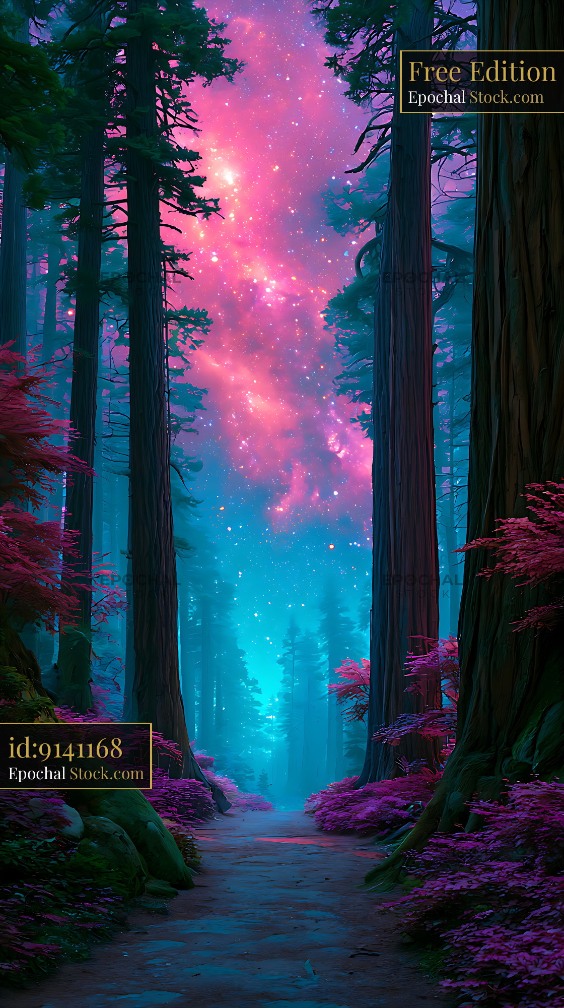 Path through a cedar forest under a glowing pink galactic core sky - stock photo