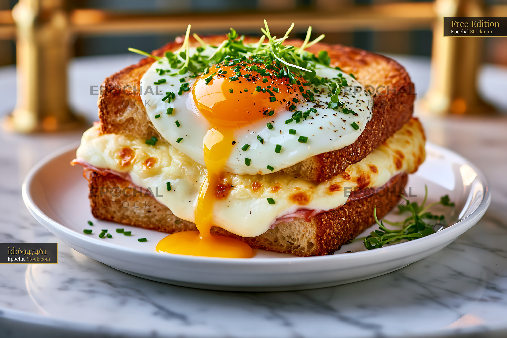 Croque madame sandwich with runny fried egg and melted cheese - stock photo