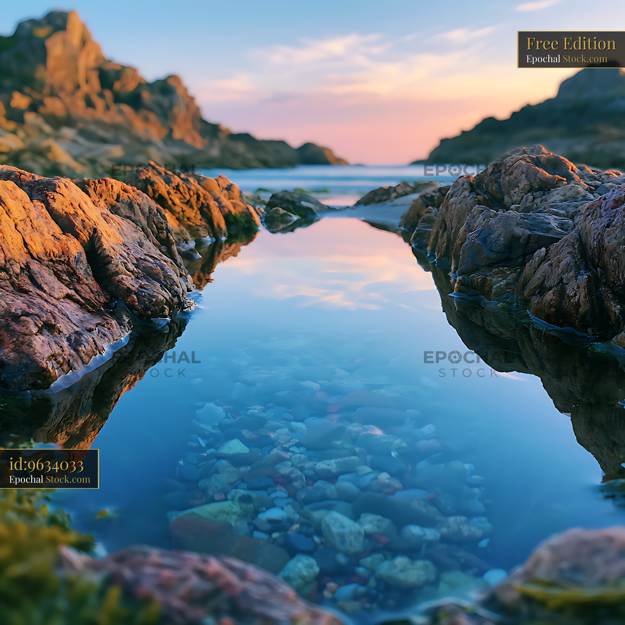 Seaside rock pool reflection during golden hour at a rocky beach - stock photo