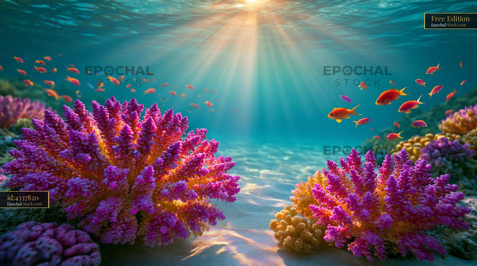 Colorful coral reef with tropical fish and sunbeams in clear blue wate