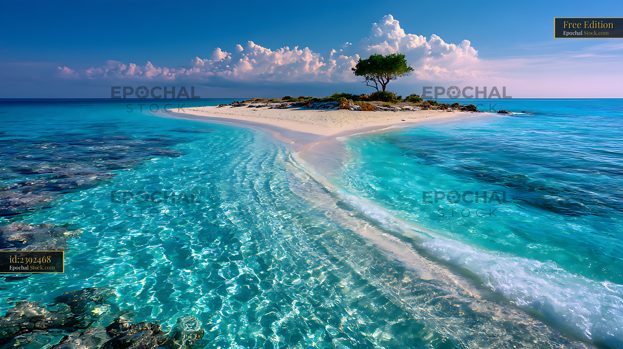 Secluded sandbank with crystal clear water and a lone tree in the ocea - stock photo
