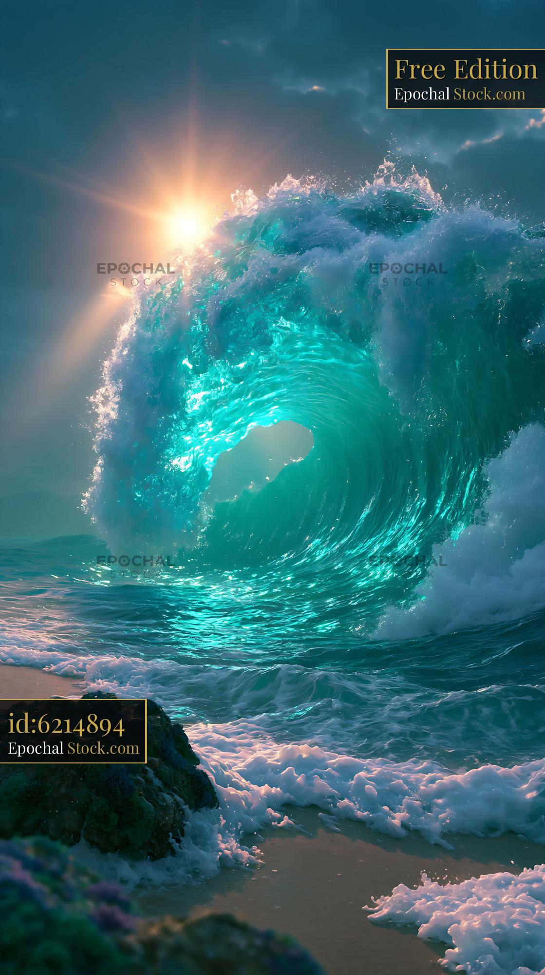 Majestic turquoise ocean wave breaking over caramel sand wash - stock photo