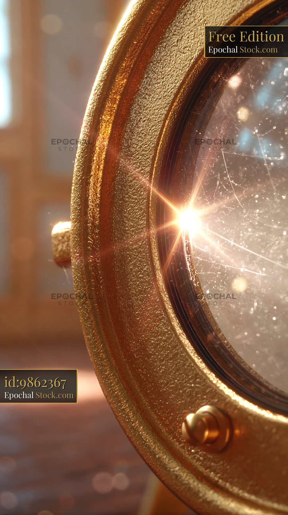 Vintage brass stage light with lens flare in a warm empty room