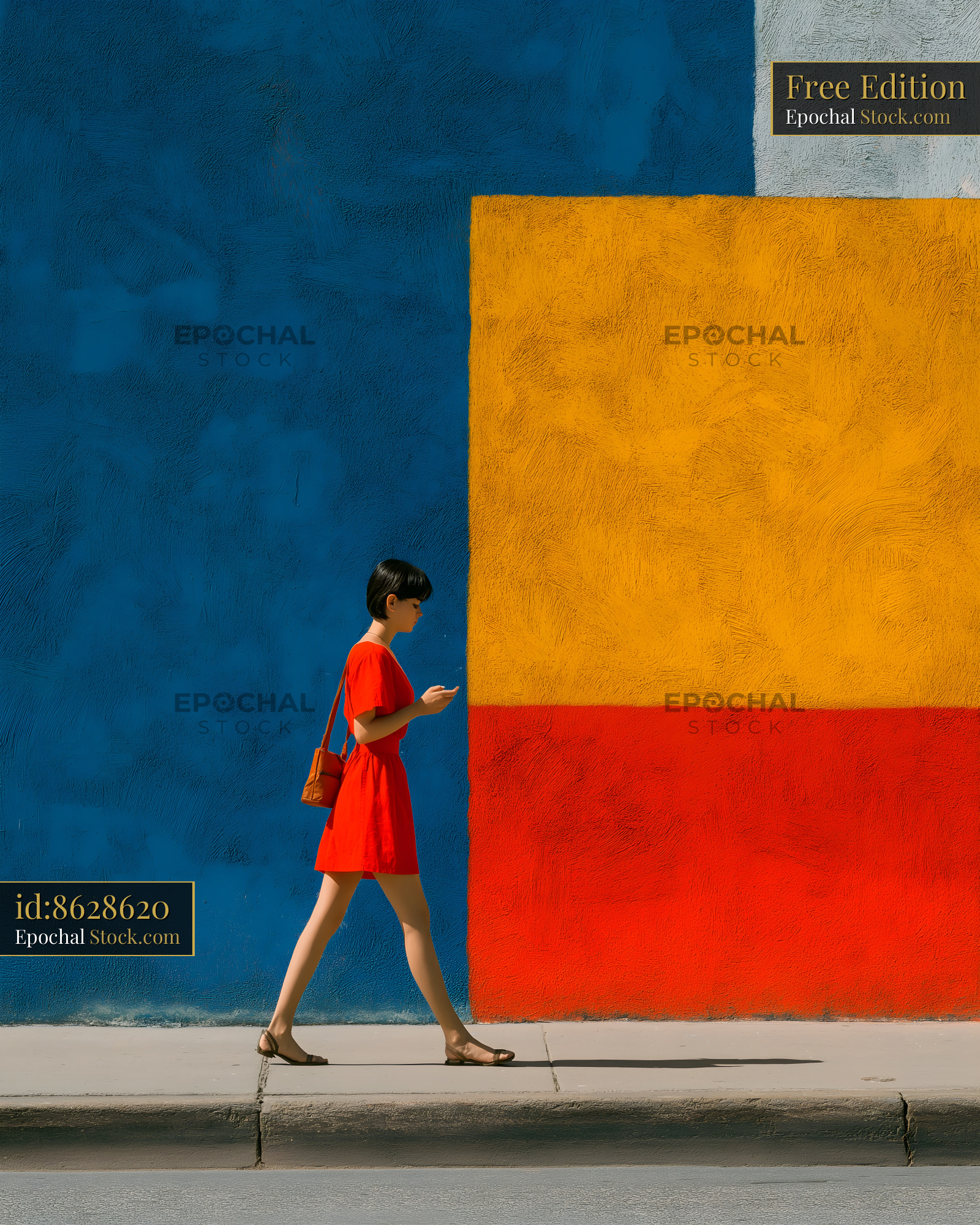 Woman walks beside colorful wall in city during day Free Premium Stock Photo