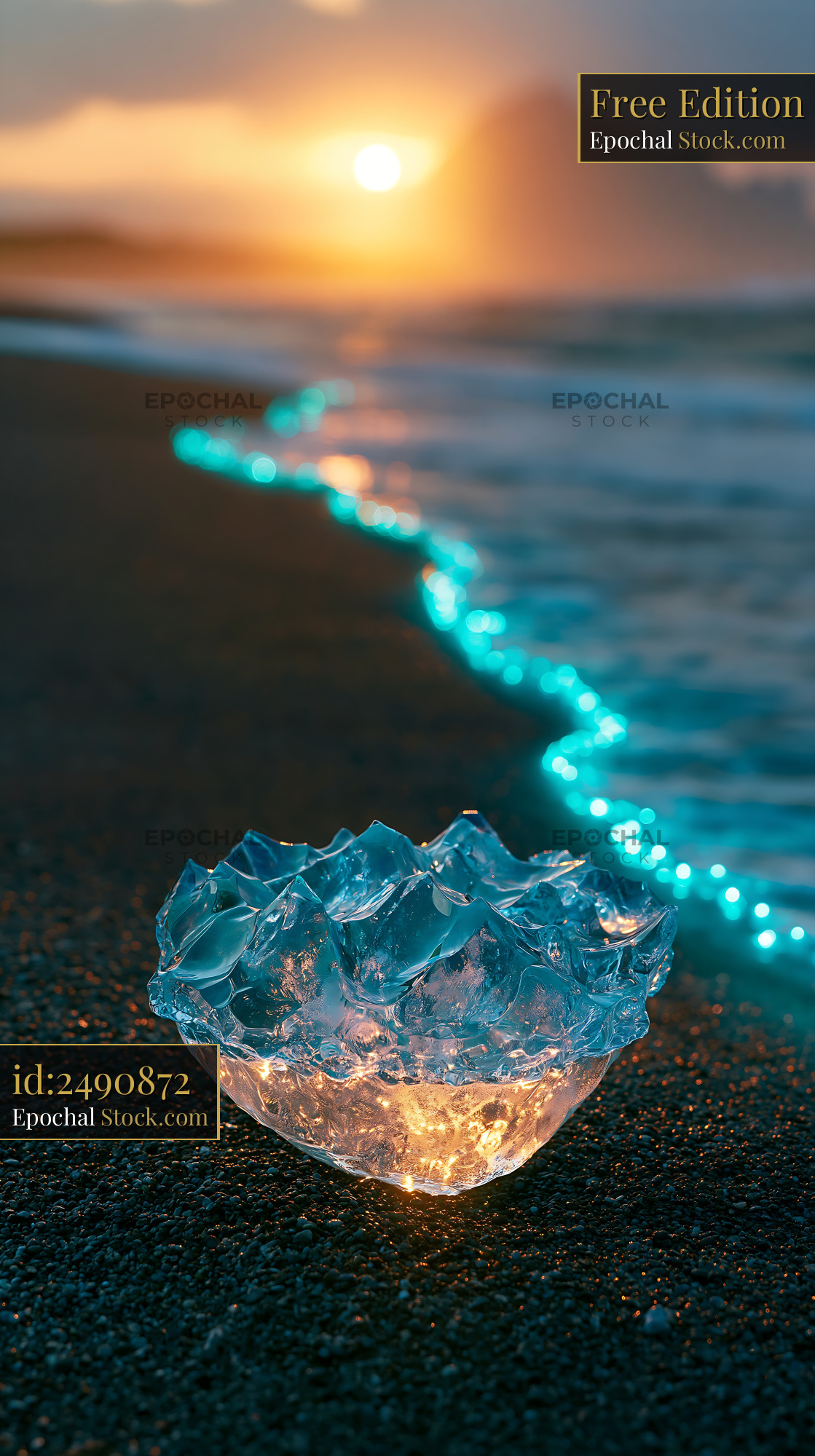Crystal bowl on black sand beach with glowing shoreline at sunset - stock photo