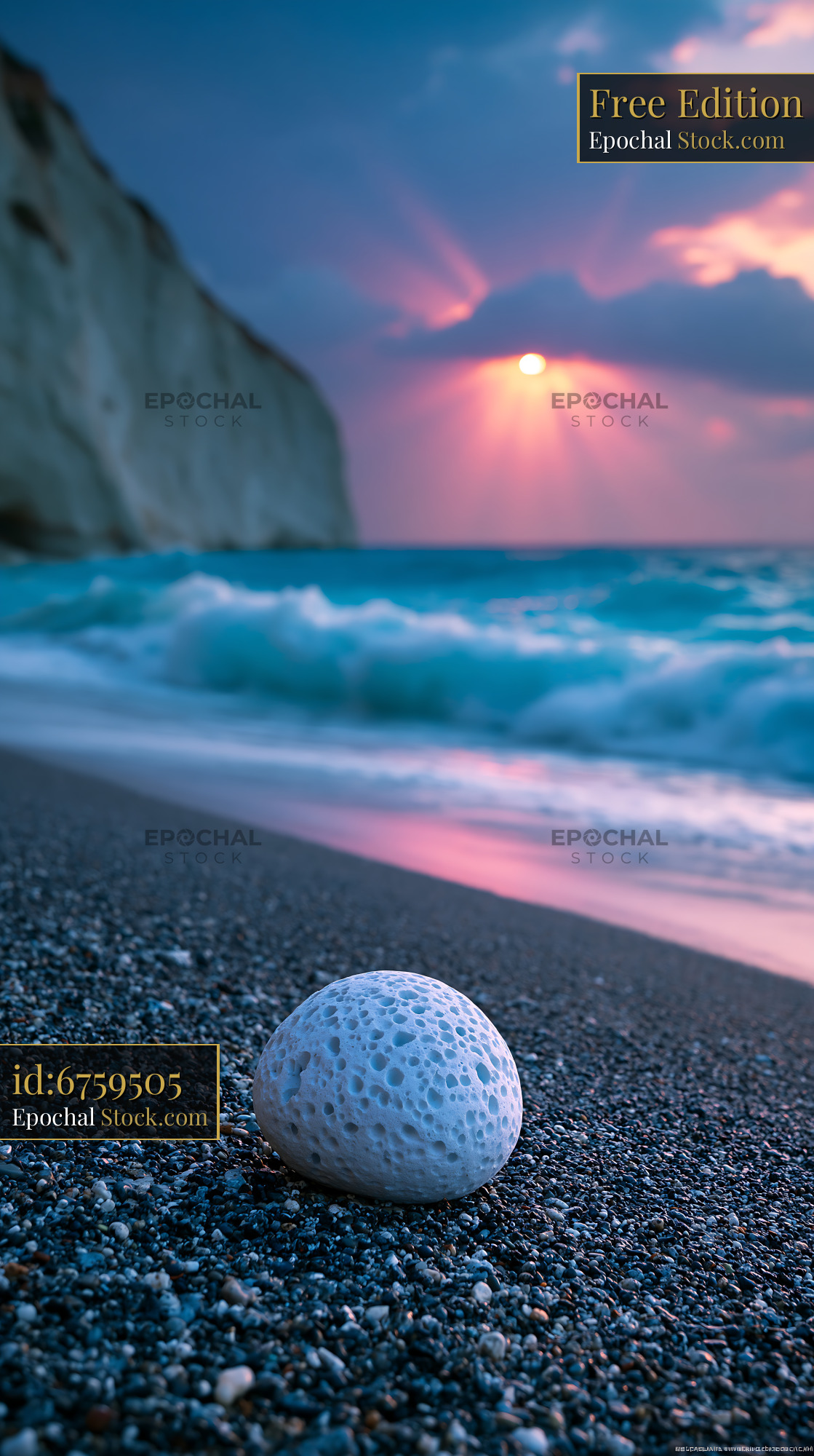 White volcanic rock on a dark pebble beach during a vibrant sunset - stock photo