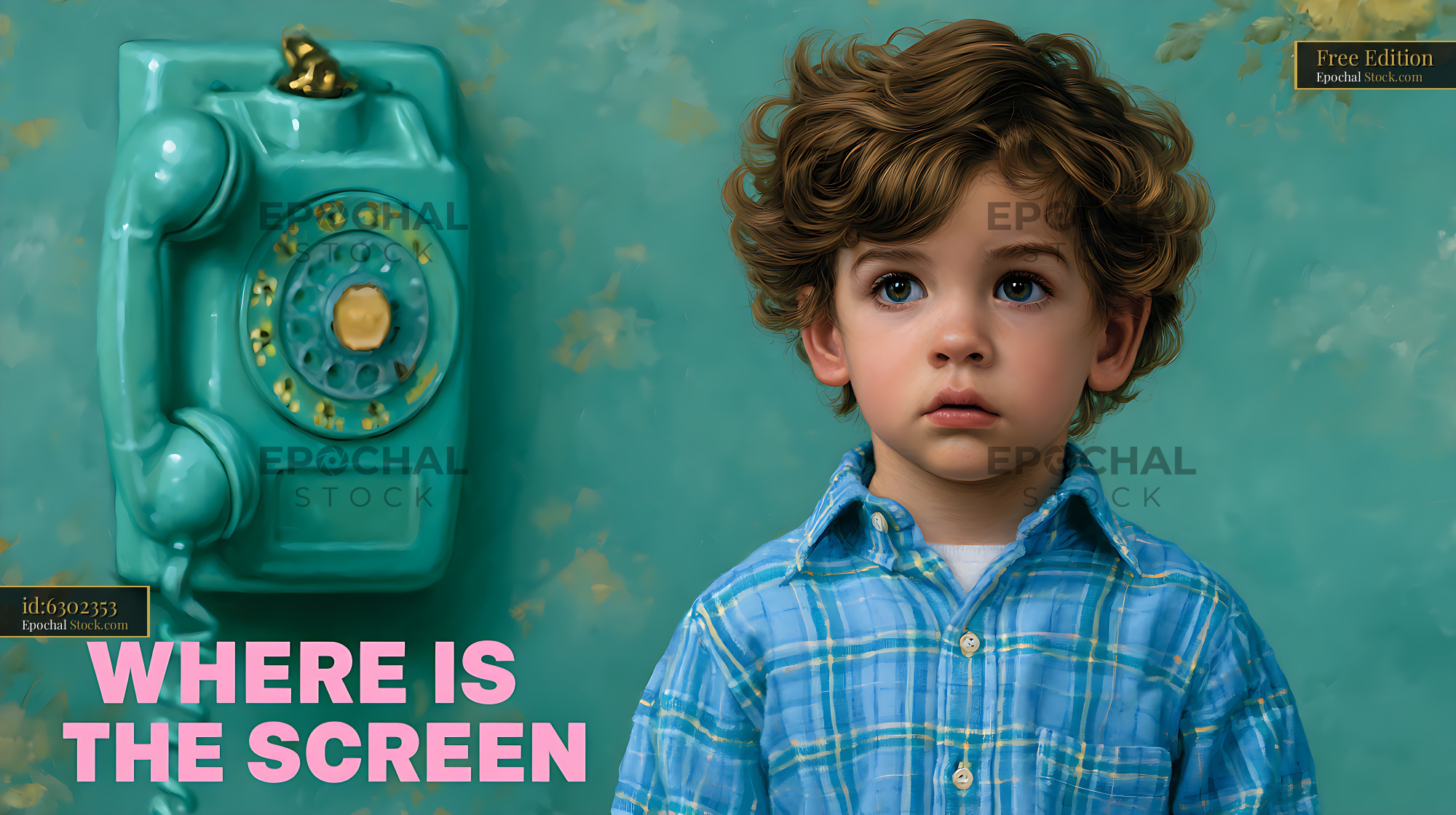 Young boy looking confused at a vintage turquoise rotary wall phone - stock photo