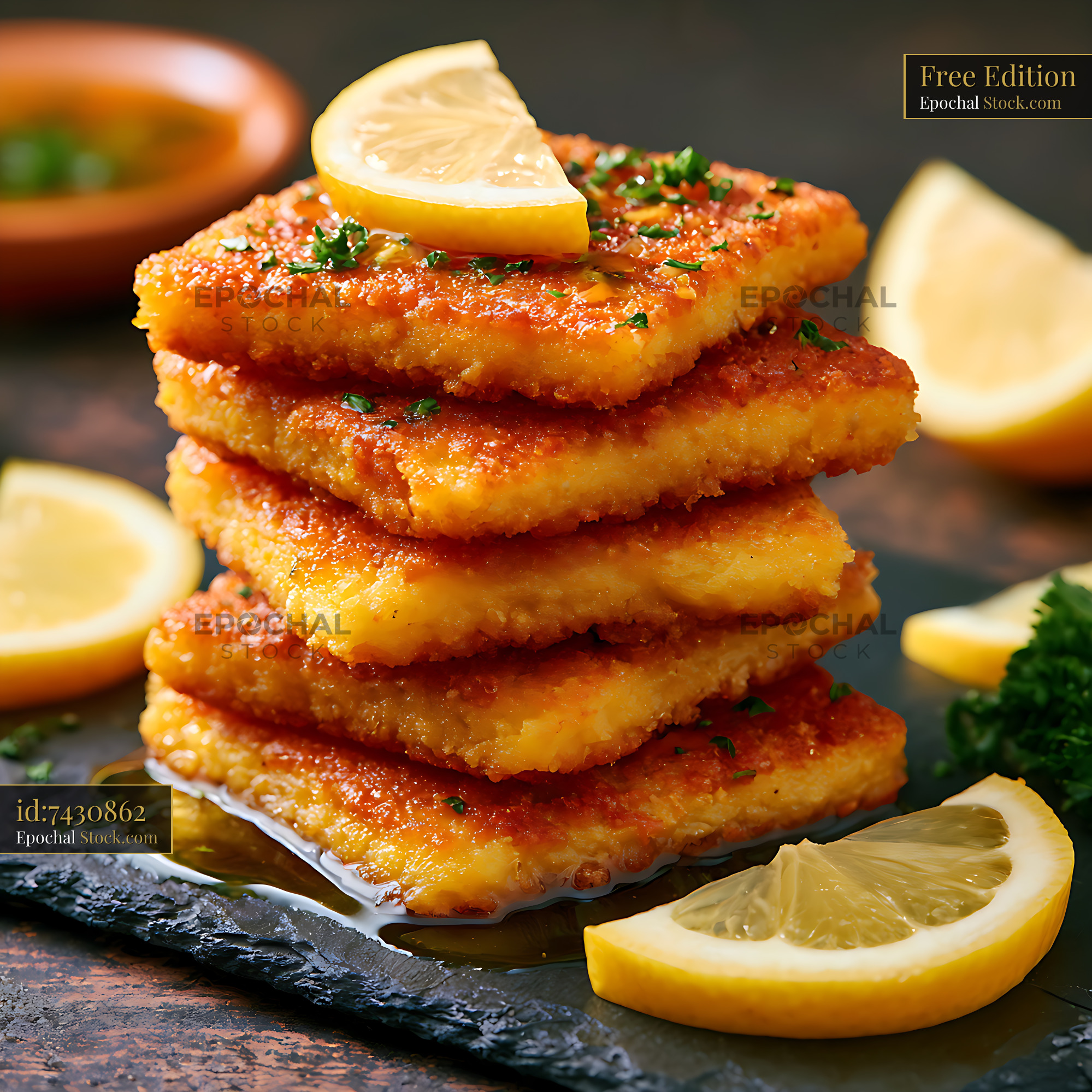 Stacked panelle palermitane chickpea fritters with fresh lemon and par - stock photo