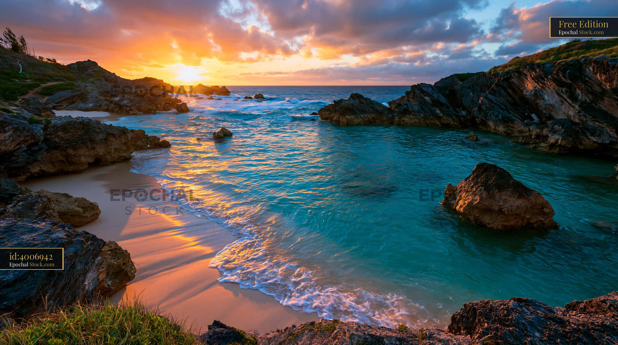 Sunrise over a hidden white sand sinkhole beach paradise - stock photo
