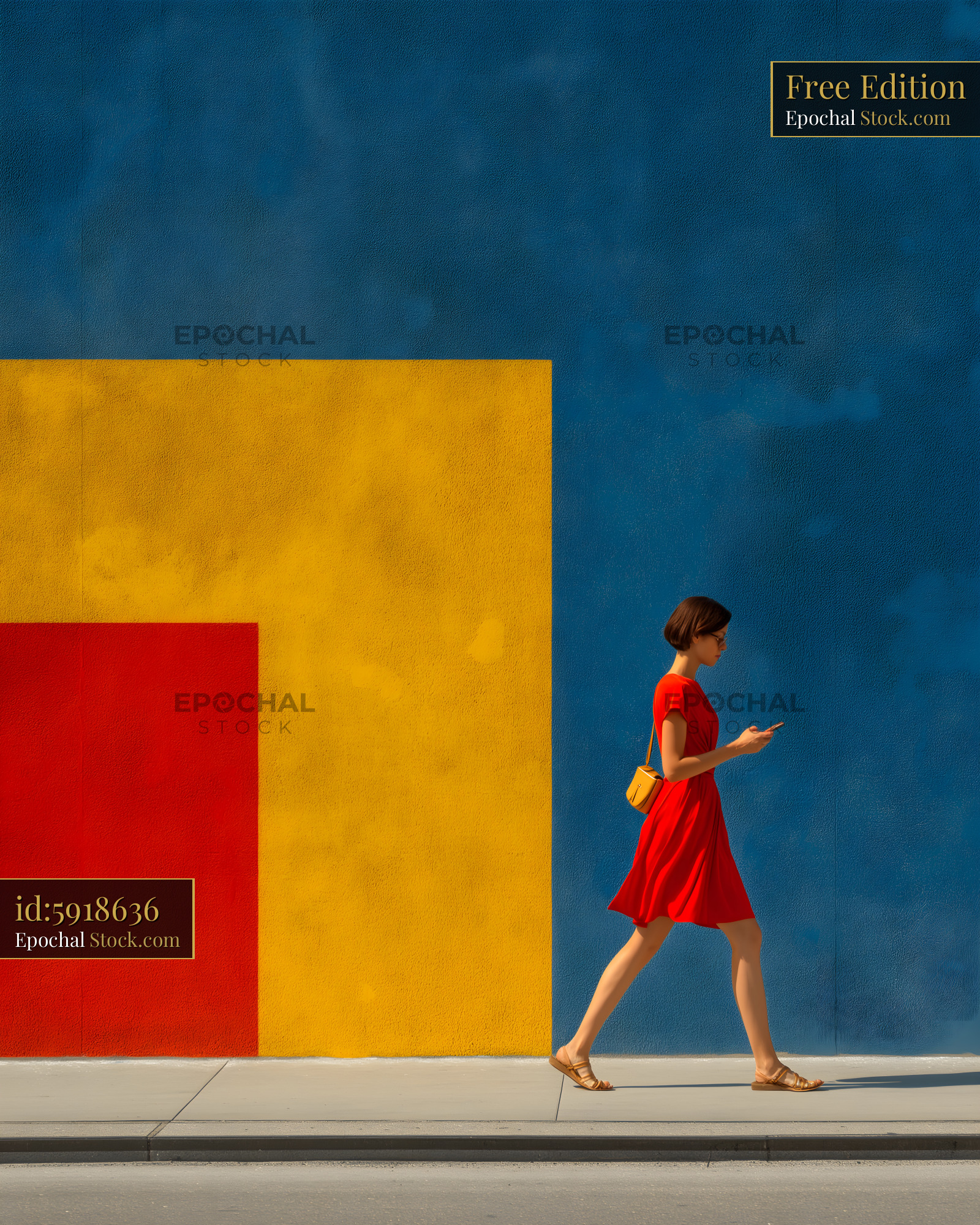 Woman walks by colorful wall in urban setting during daytime Free Premium Stock Photo