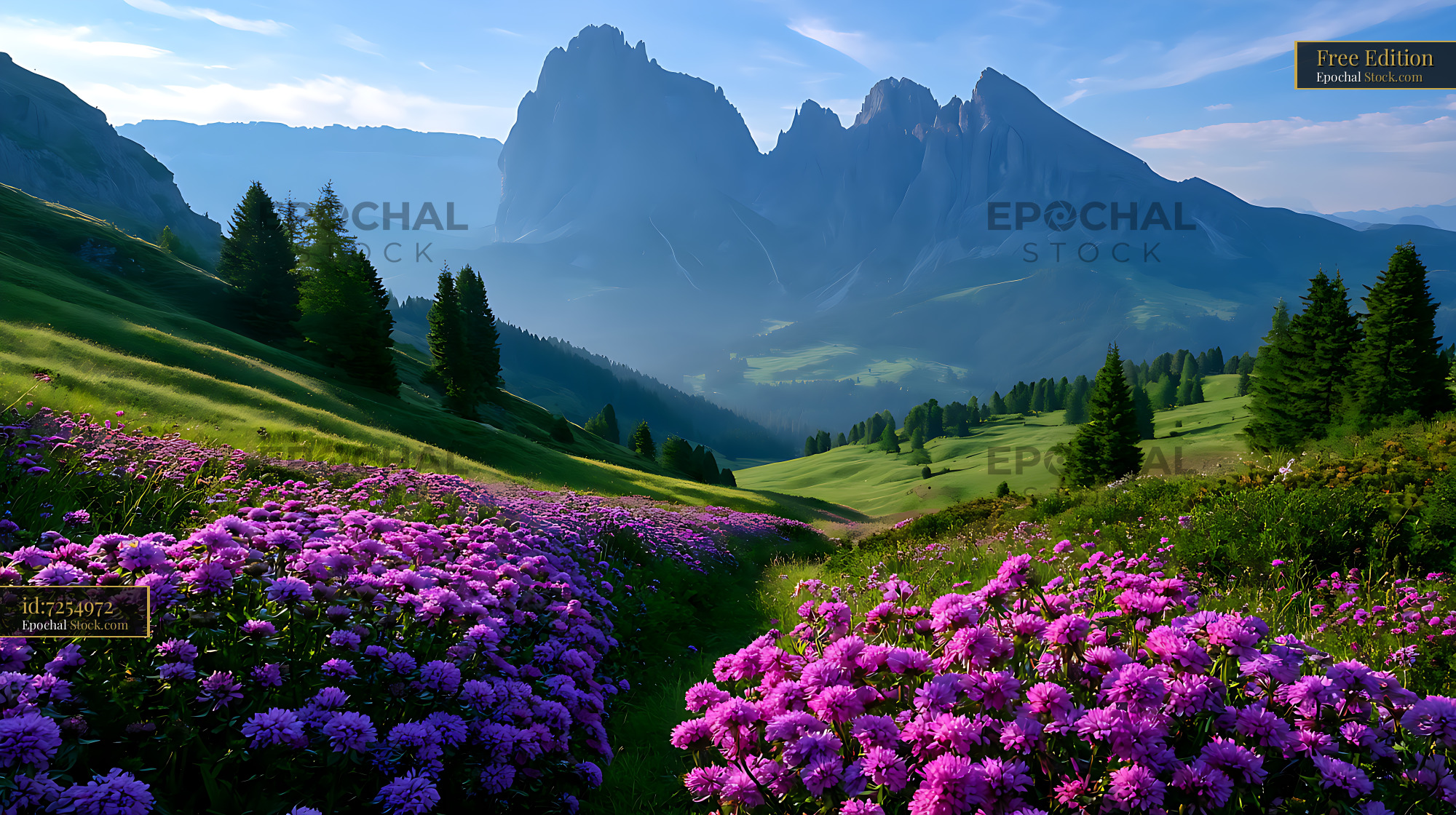 Dolomite hayfield summer landscape with purple wildflowers and peaks - stock photo