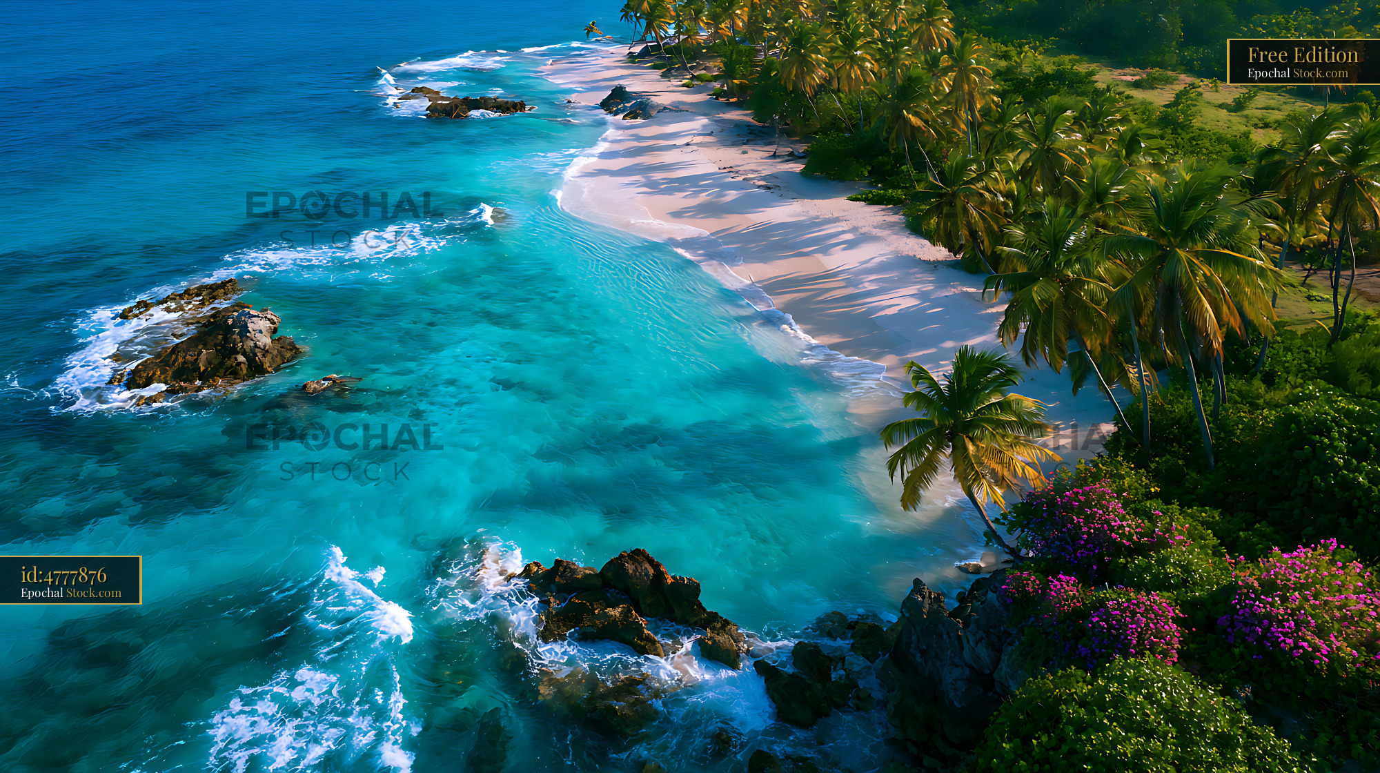 Aerial view of a tropical Caribbean beach with white sand and palms - stock photo