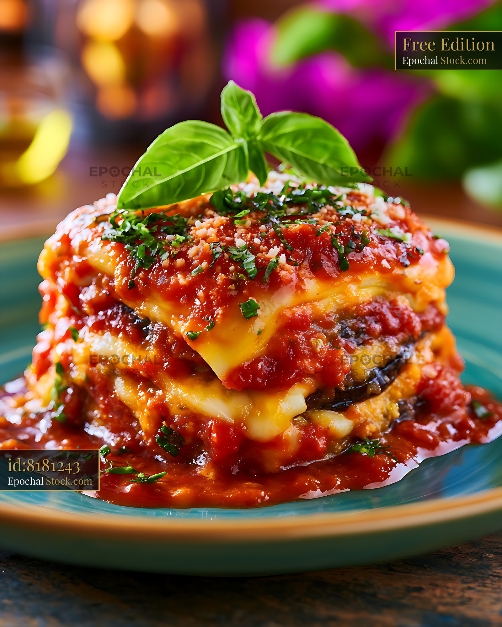 Traditional parmigiana di melanzane eggplant with fresh basil - stock photo