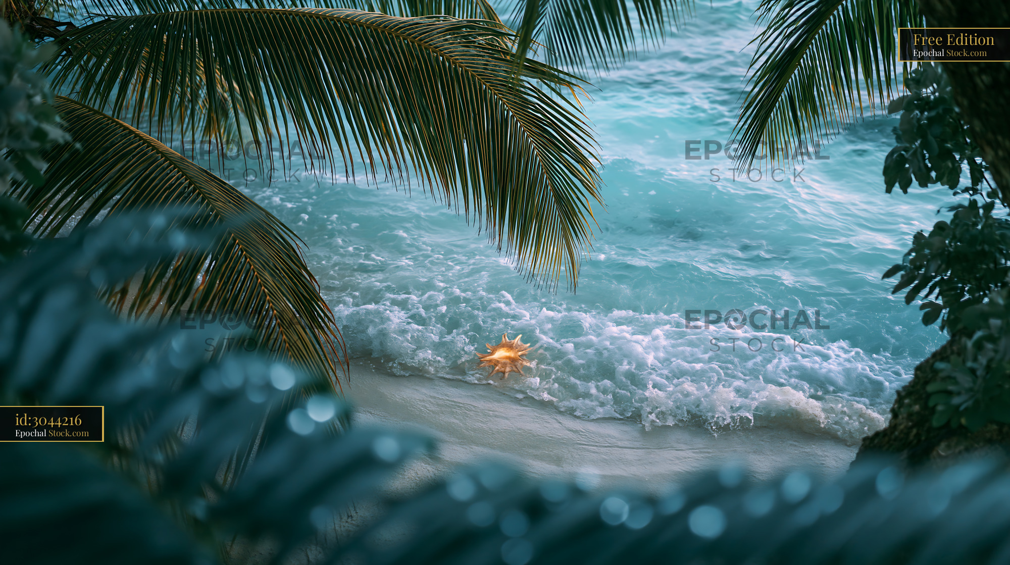 Seashell on tropical beach shore framed by palm leaves - stock photo