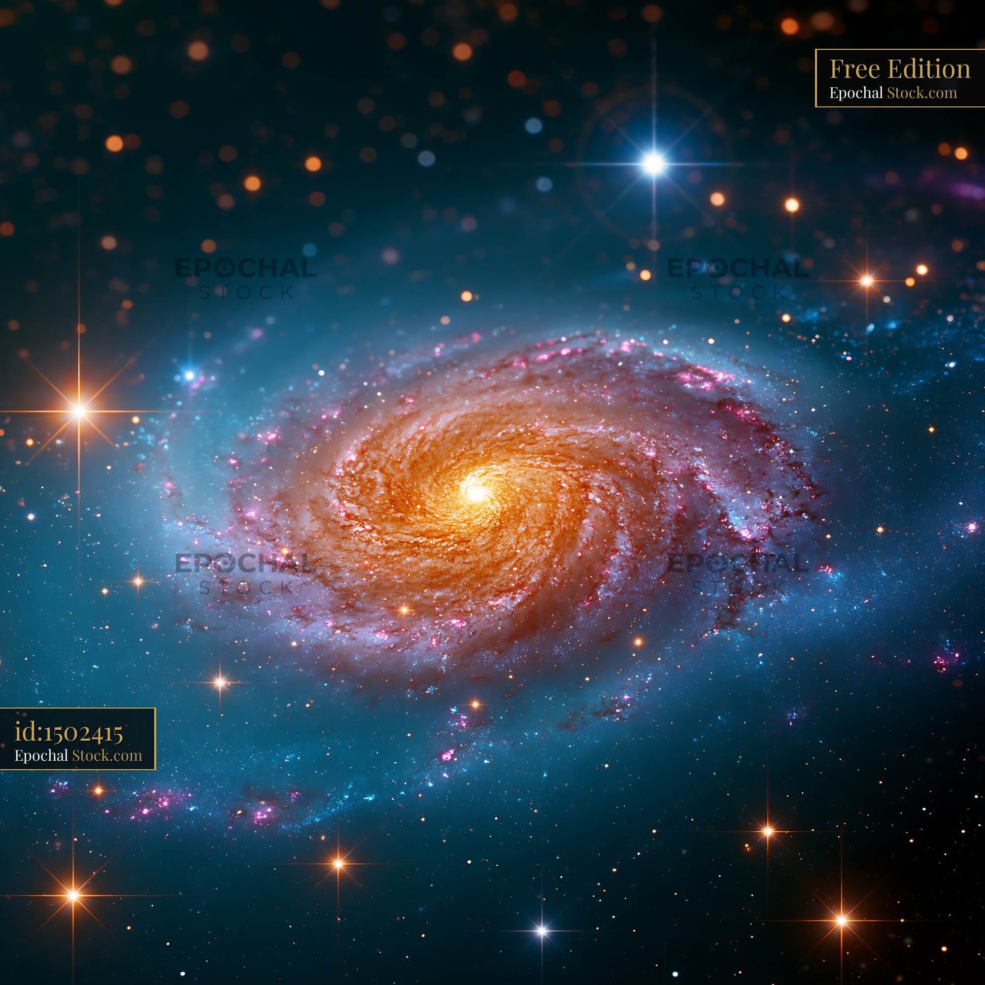 Vibrant M63 sunflower galaxy with glowing orange core and blue arms - stock photo