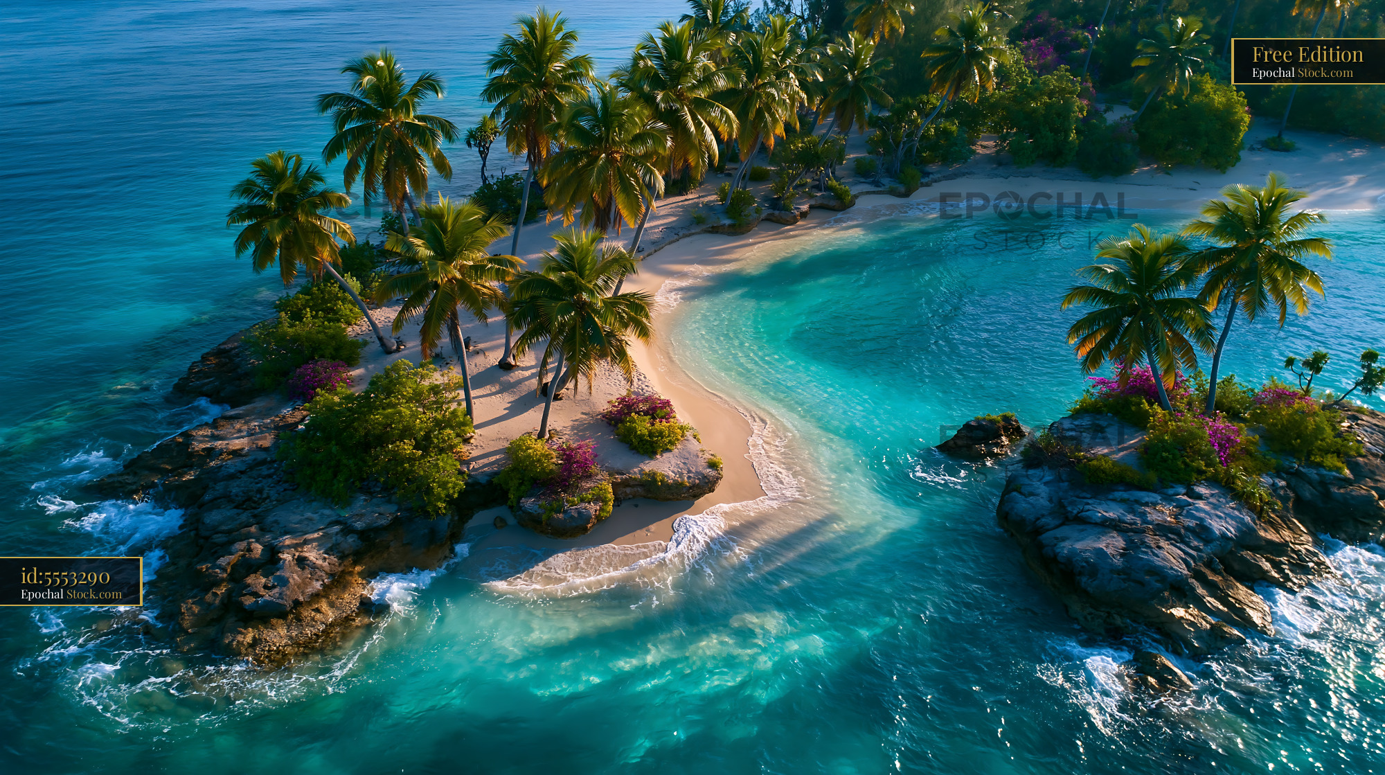 Aerial view of a tropical atoll with palm trees and turquoise water - stock photo
