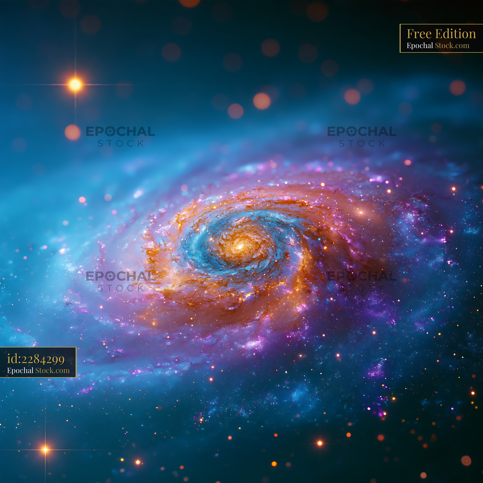 Vibrant spiral galaxy M106 with glowing jets and cosmic stardust - stock photo