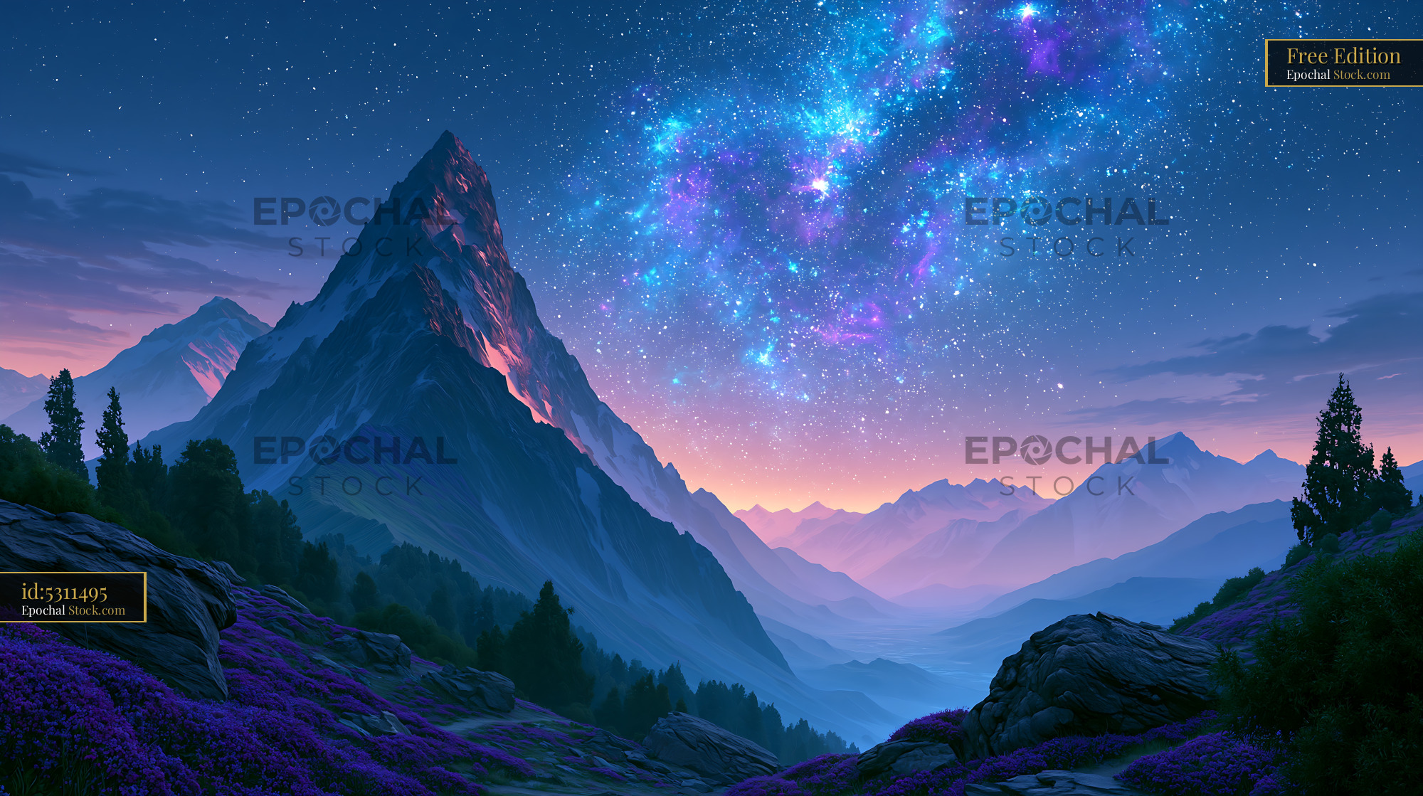 Majestic Annapurna mountain peak under a vibrant starry night sky - stock photo