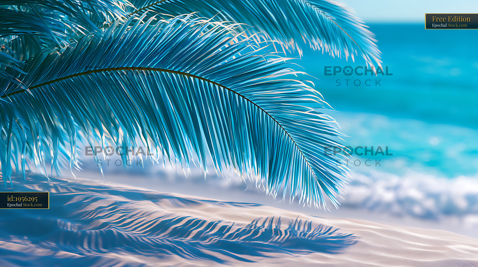 Artistic blue palm leaf shadow on white sand at a tropical beach - stock photo
