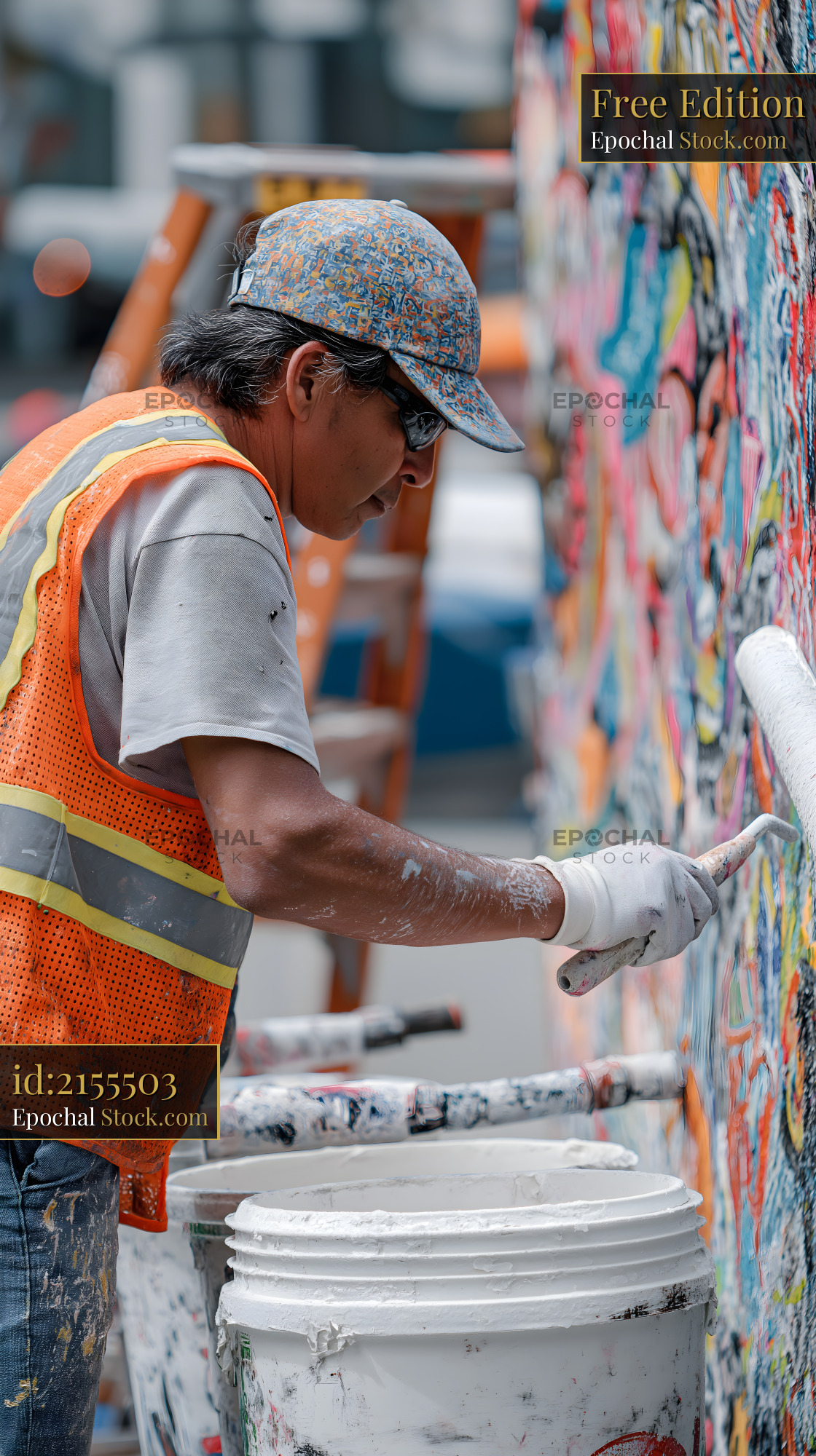 Artist paints colorful mural on urban wall in busy area Free Premium Stock Image