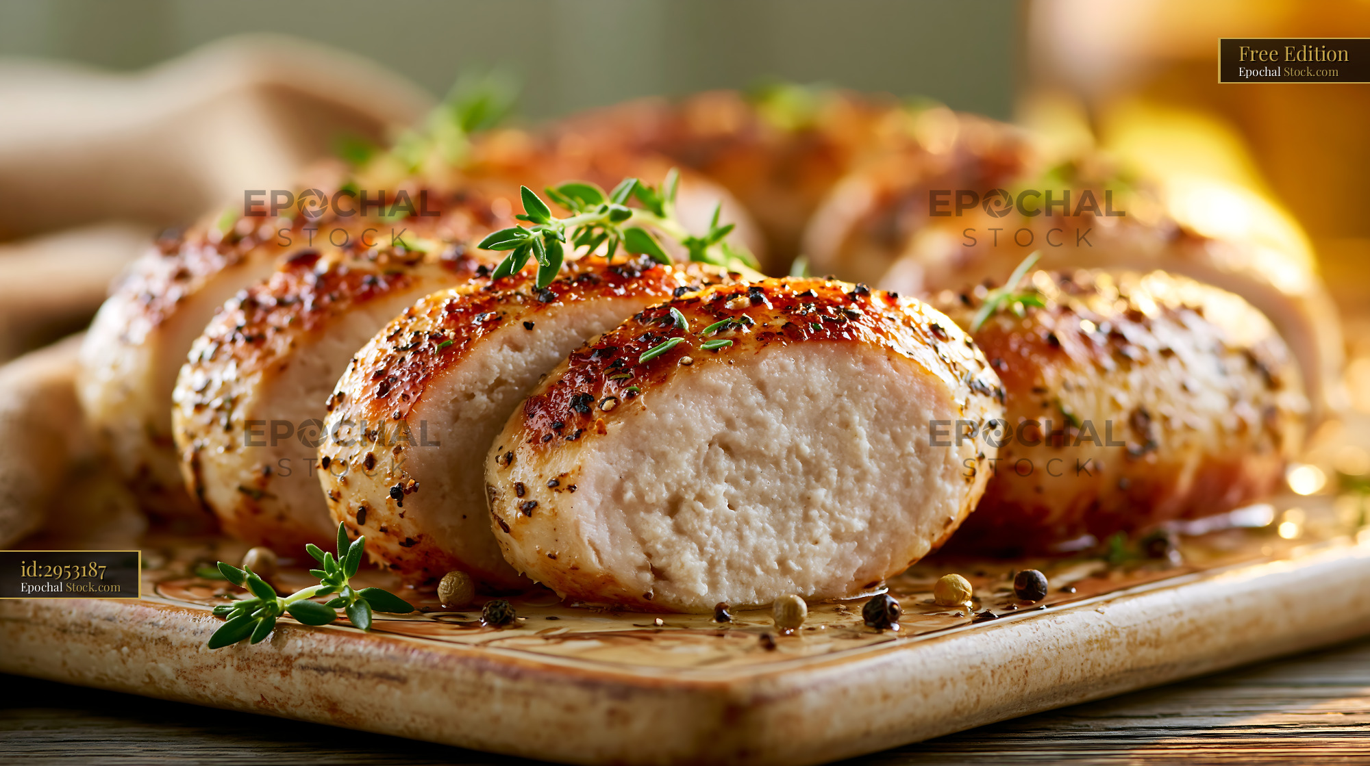 Grilled boudin blanc meat slices with fresh thyme and peppercorns - stock photo