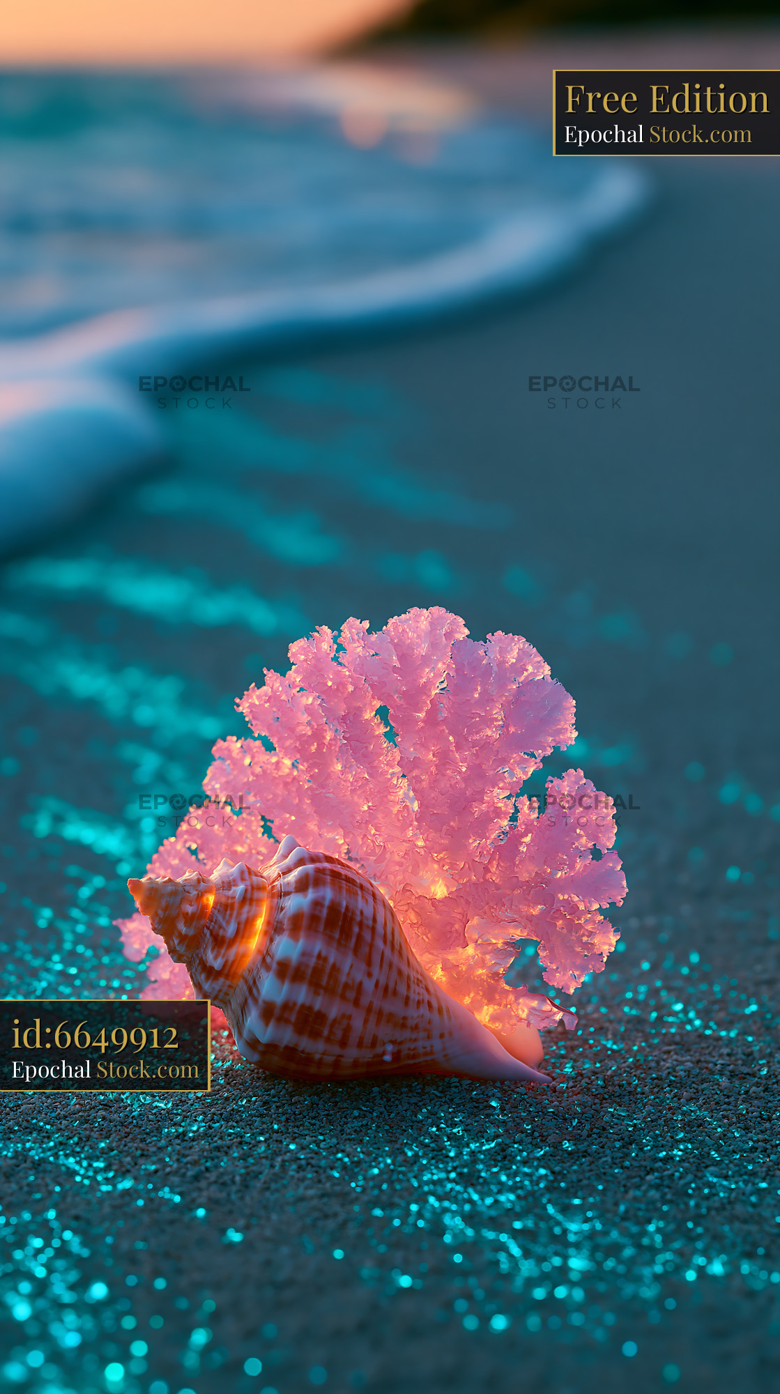 Glowing pink coral and seashell on bioluminescent beach at sunset