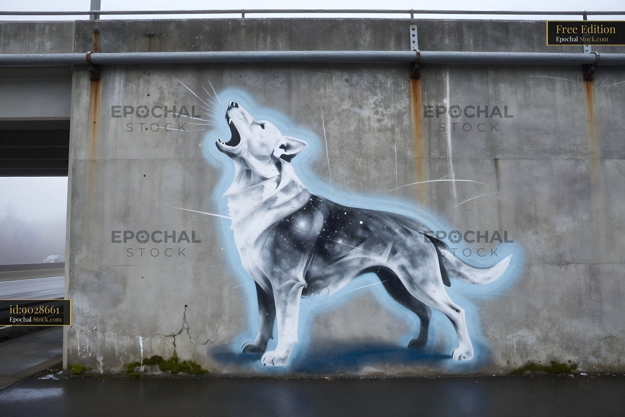 Mural of a dog howling on a concrete wall near a highway Free Premium Stock Photo