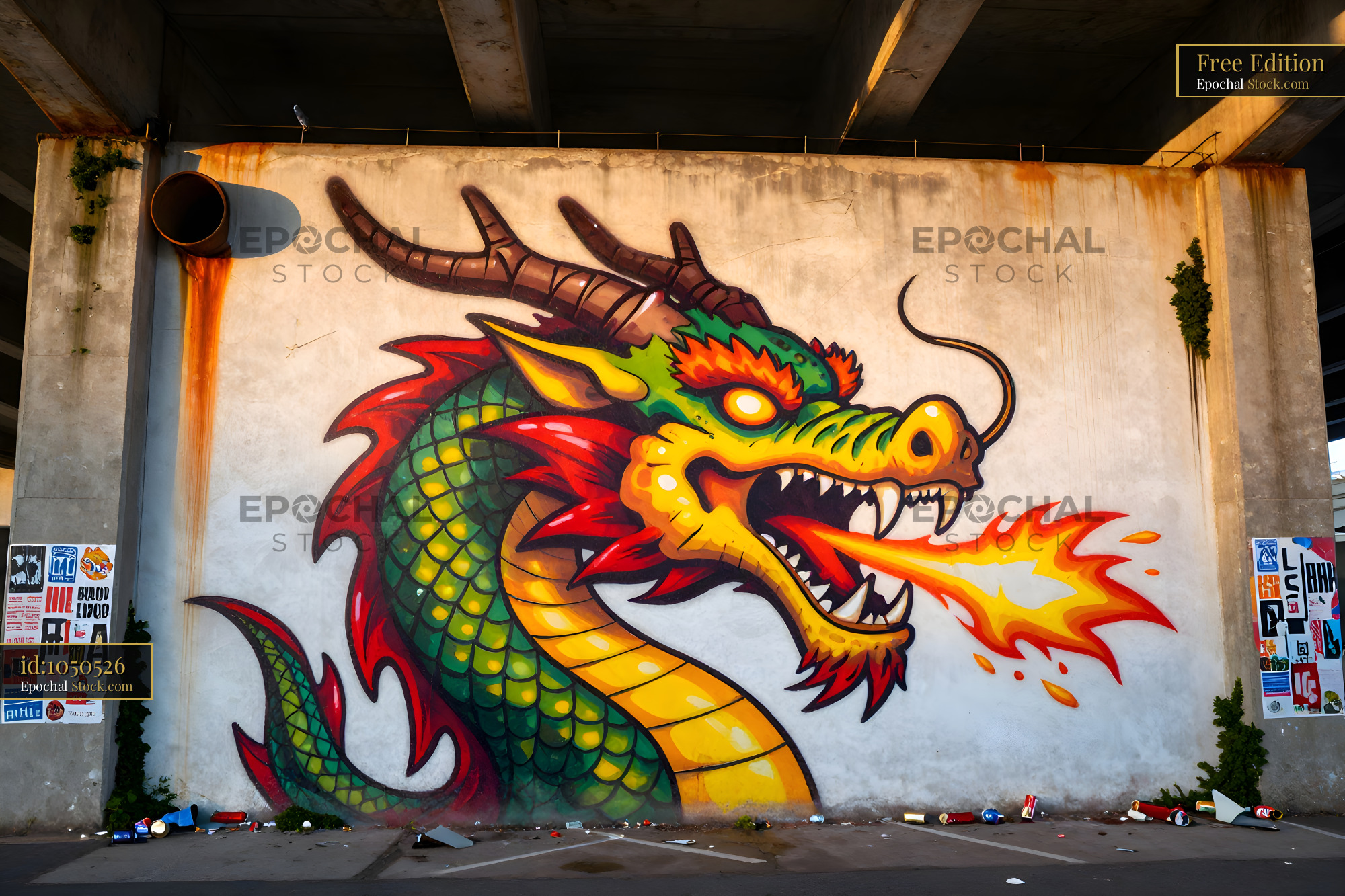 Colorful dragon mural on a concrete wall in an urban area Free Premium Stock Photo
