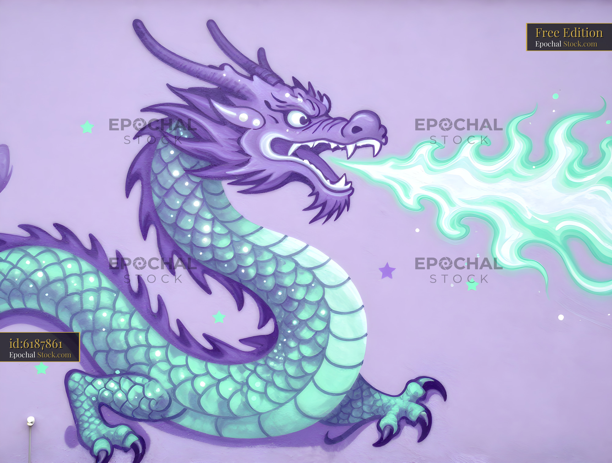 Colorful dragon mural on a purple wall in a city neighborhood Free Premium Stock Image