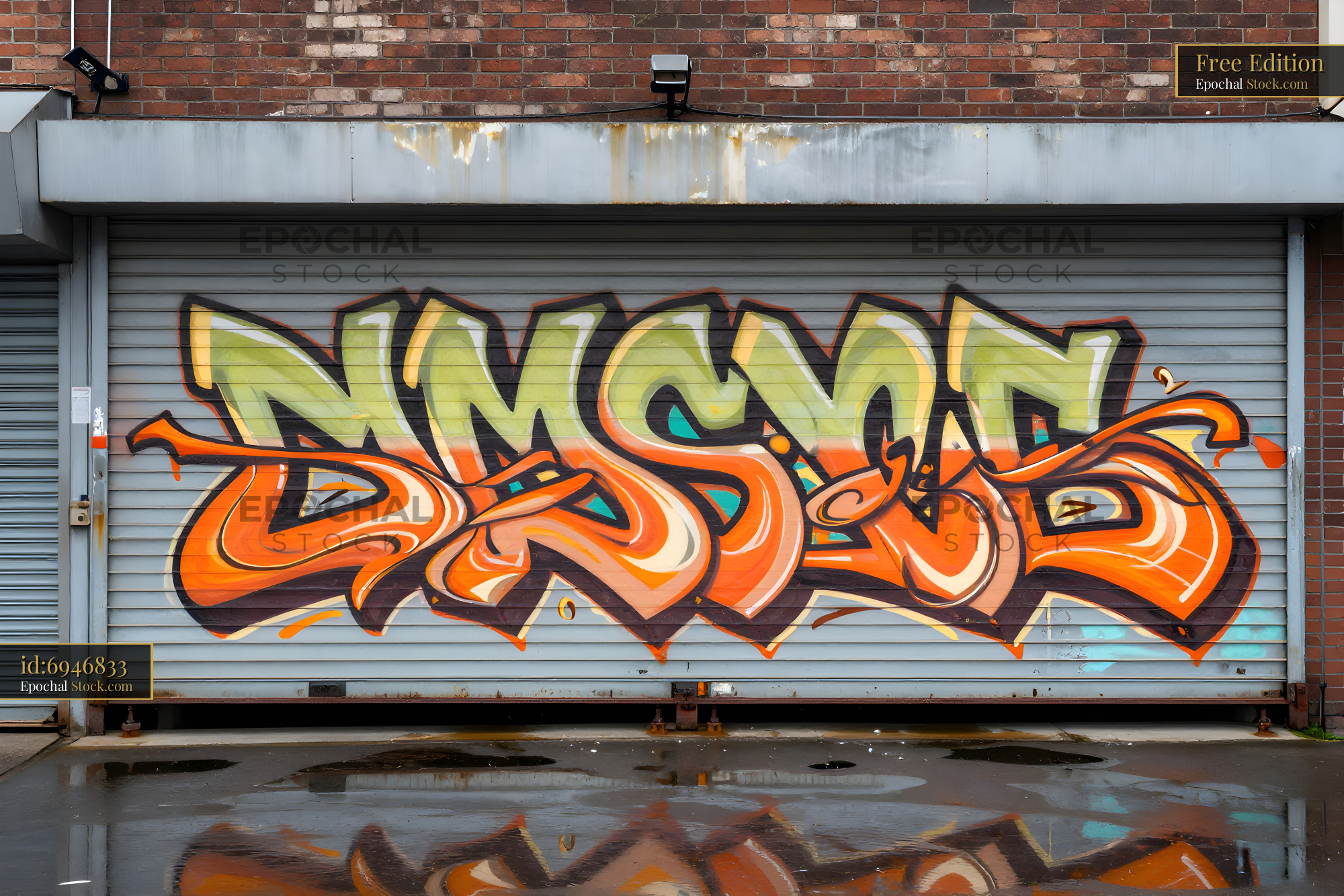 Colorful graffiti on a metal garage door in an urban area Free Premium Stock Image