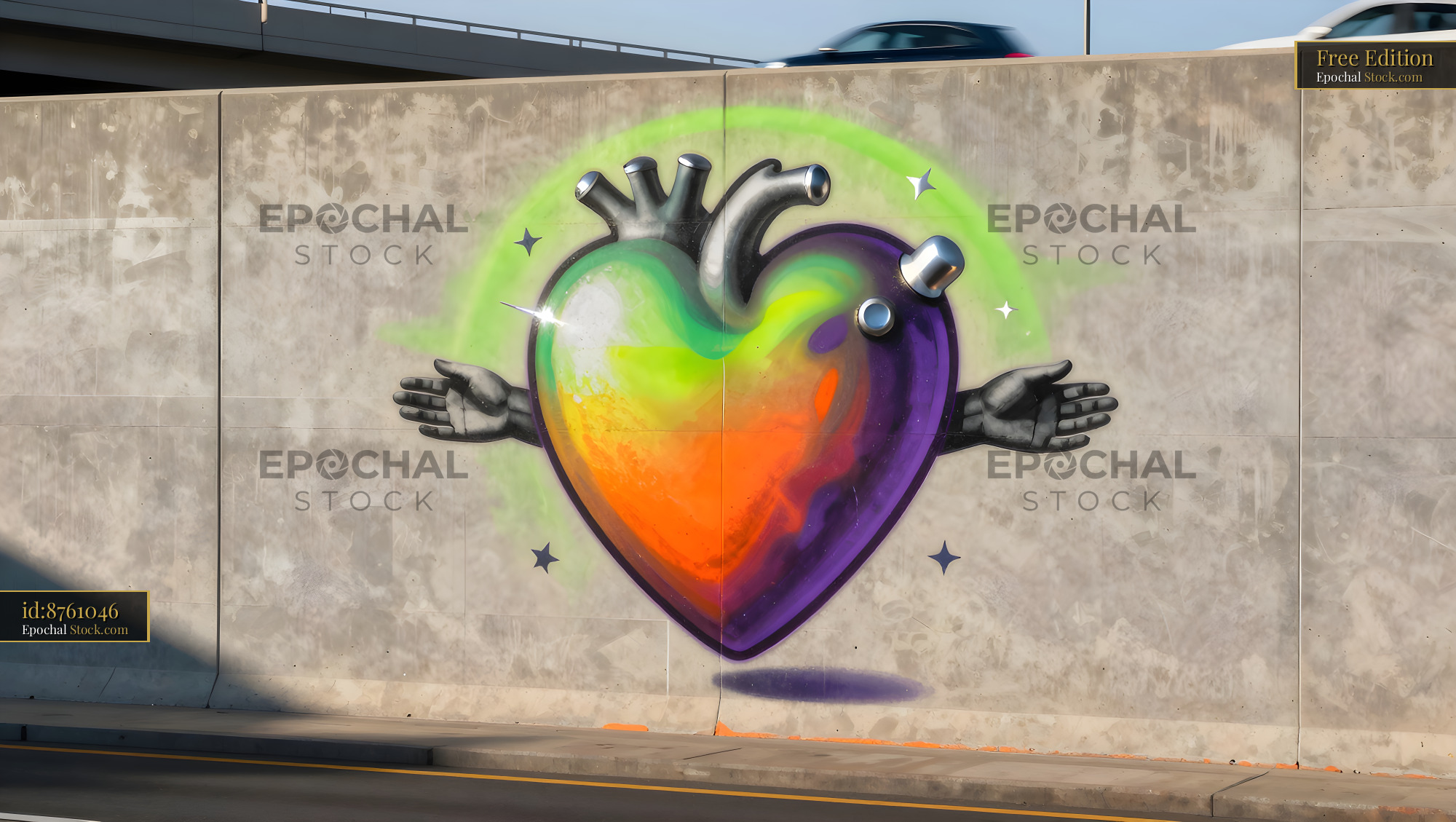 Colorful heart mural on wall near busy highway Free Premium Stock Photo