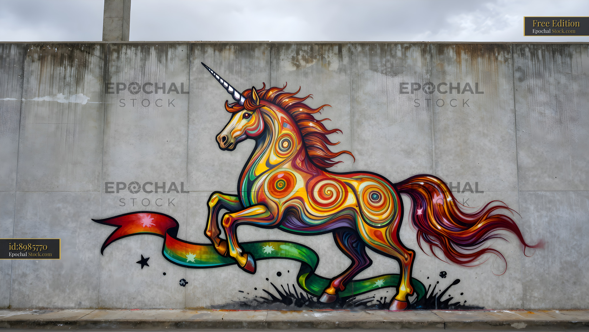 Colorful unicorn mural on a city wall in daylight hours Free Premium Stock Image