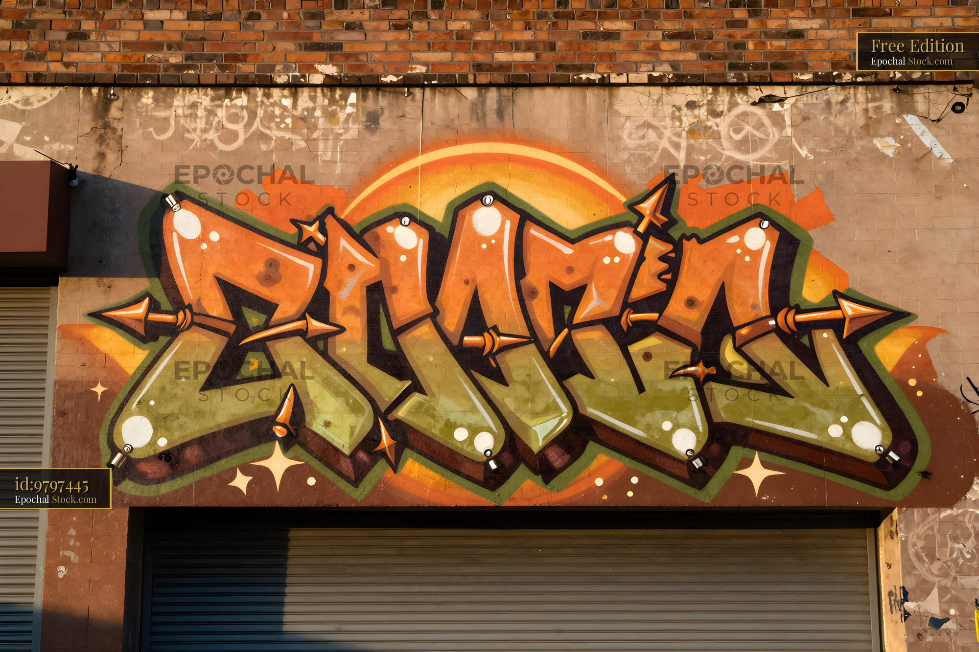 Colorful graffiti art on building wall in urban area Free Premium Stock Photo