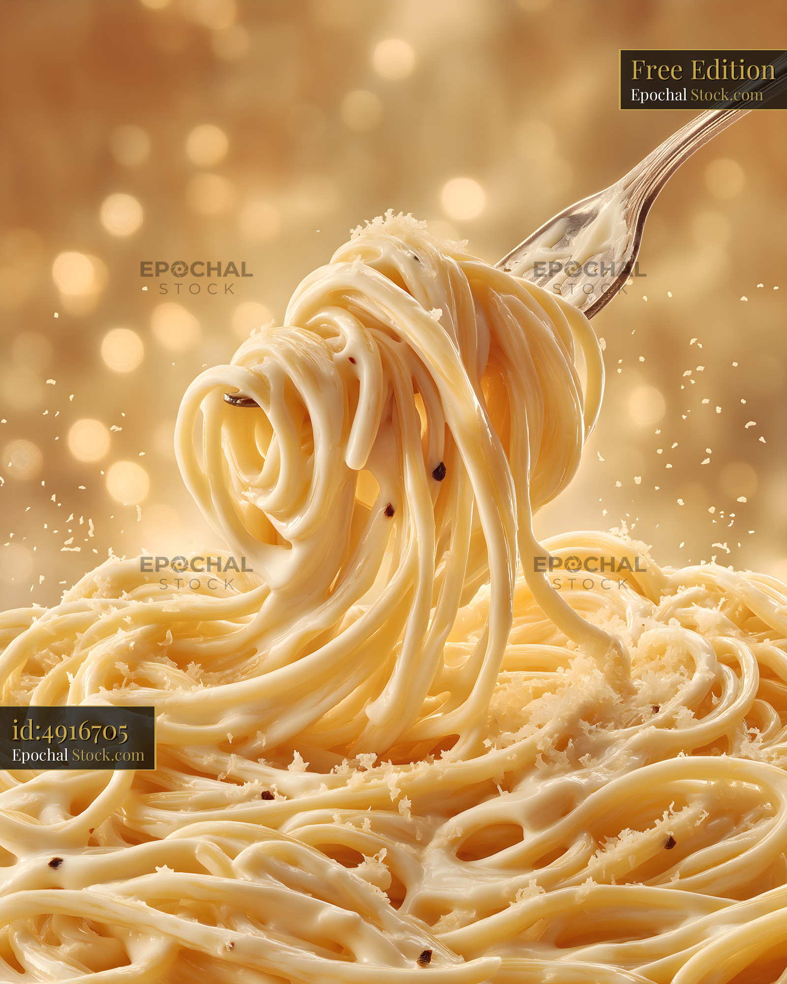 Pasta on a fork with cheese and golden background Free Premium Stock Image