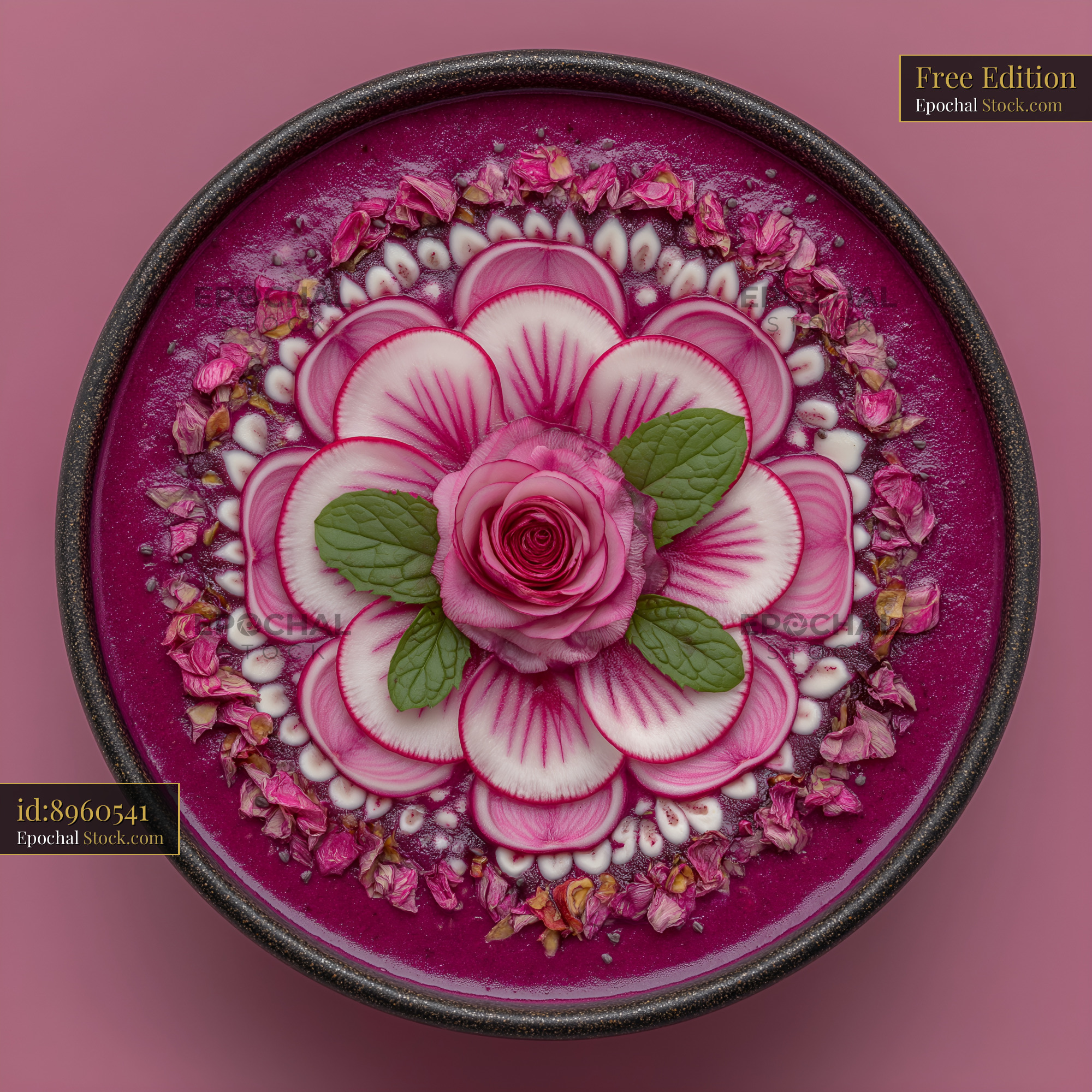 Colorful bowl of smoothie with flower design on pink background Free Premium Stock Image