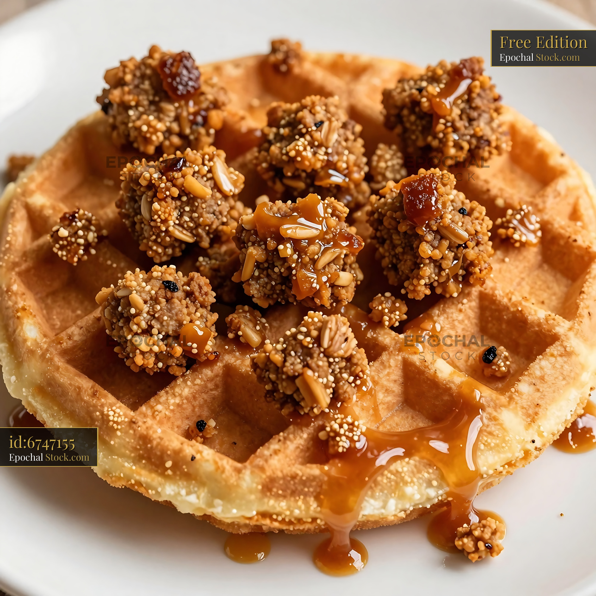 Goetta Balls on Crispy Waffle with Honey Drizzle - stock photo
