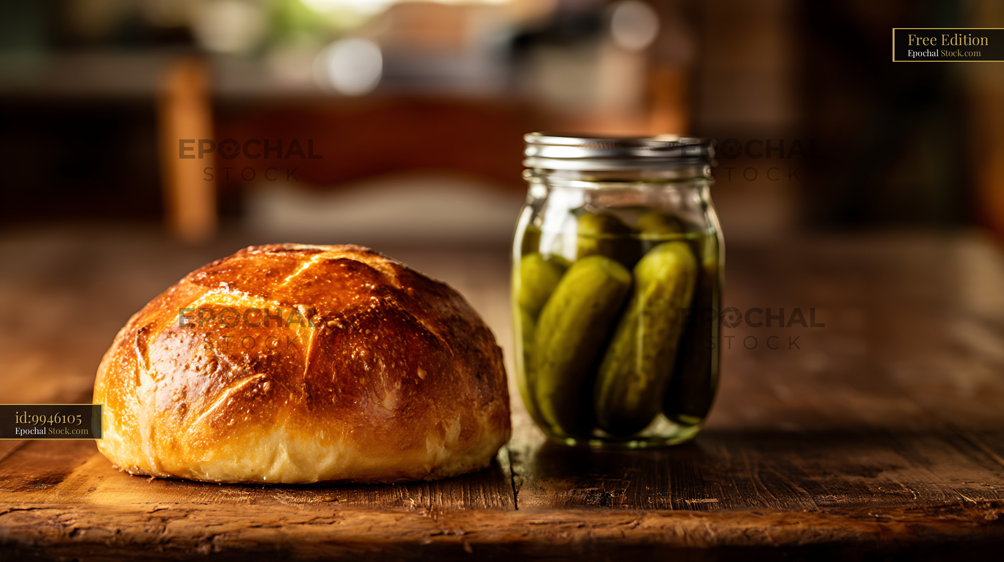Bierocks with Pickled Cucumbers on Rustic Wooden Table in Warm Sunlight - stock photo