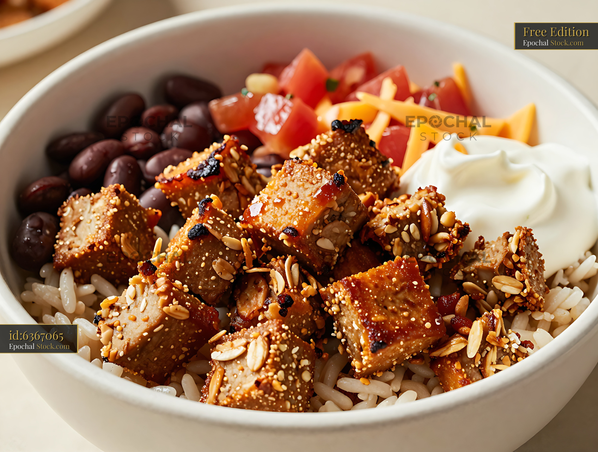 Sesame-Crusted Goetta Over Rice with Fresh Vegetables and Yogurt - stock photo