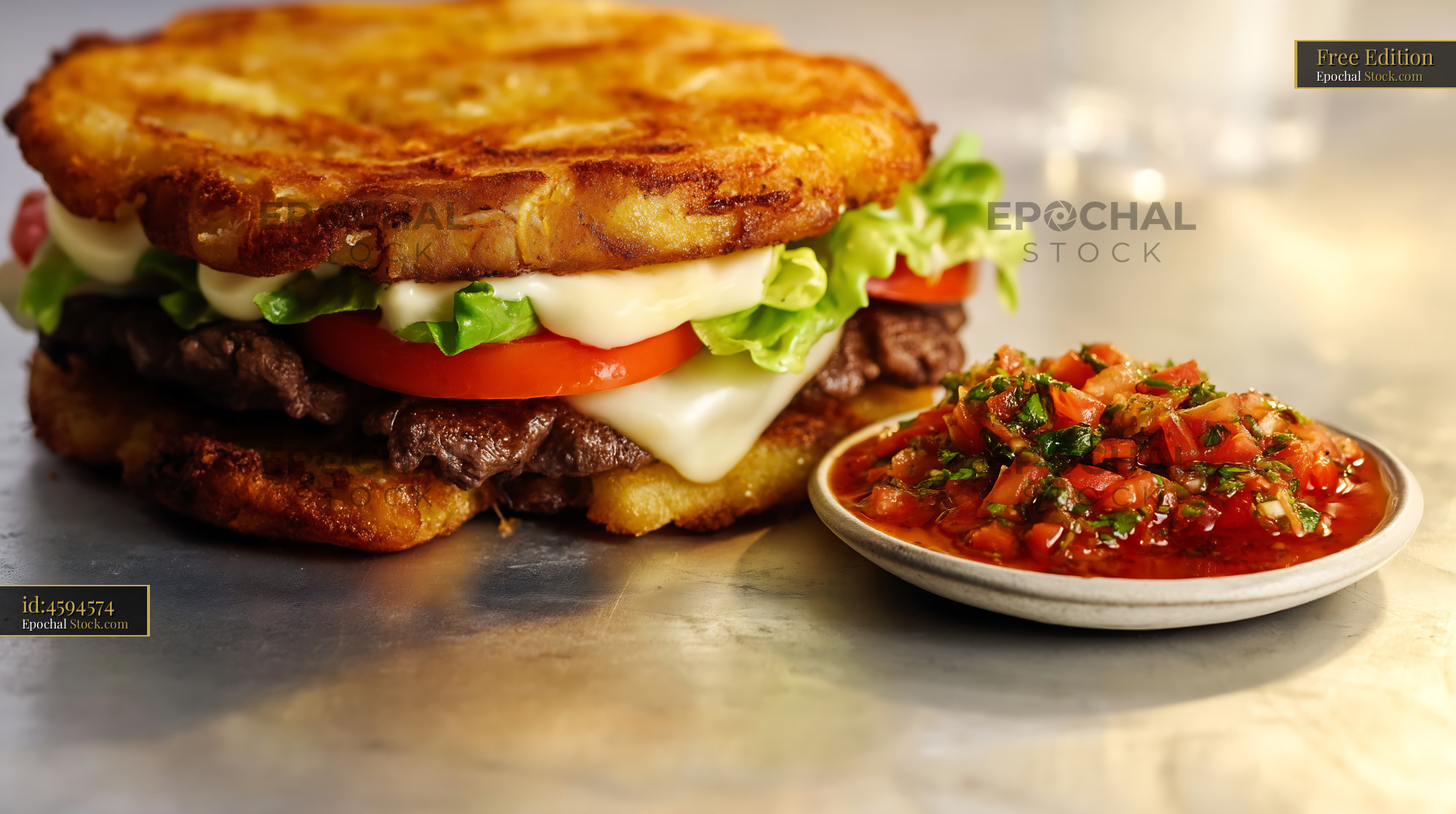 Crispy Jibarito Burger with Caramelized Plantain Bread and Red Salsa - stock photo