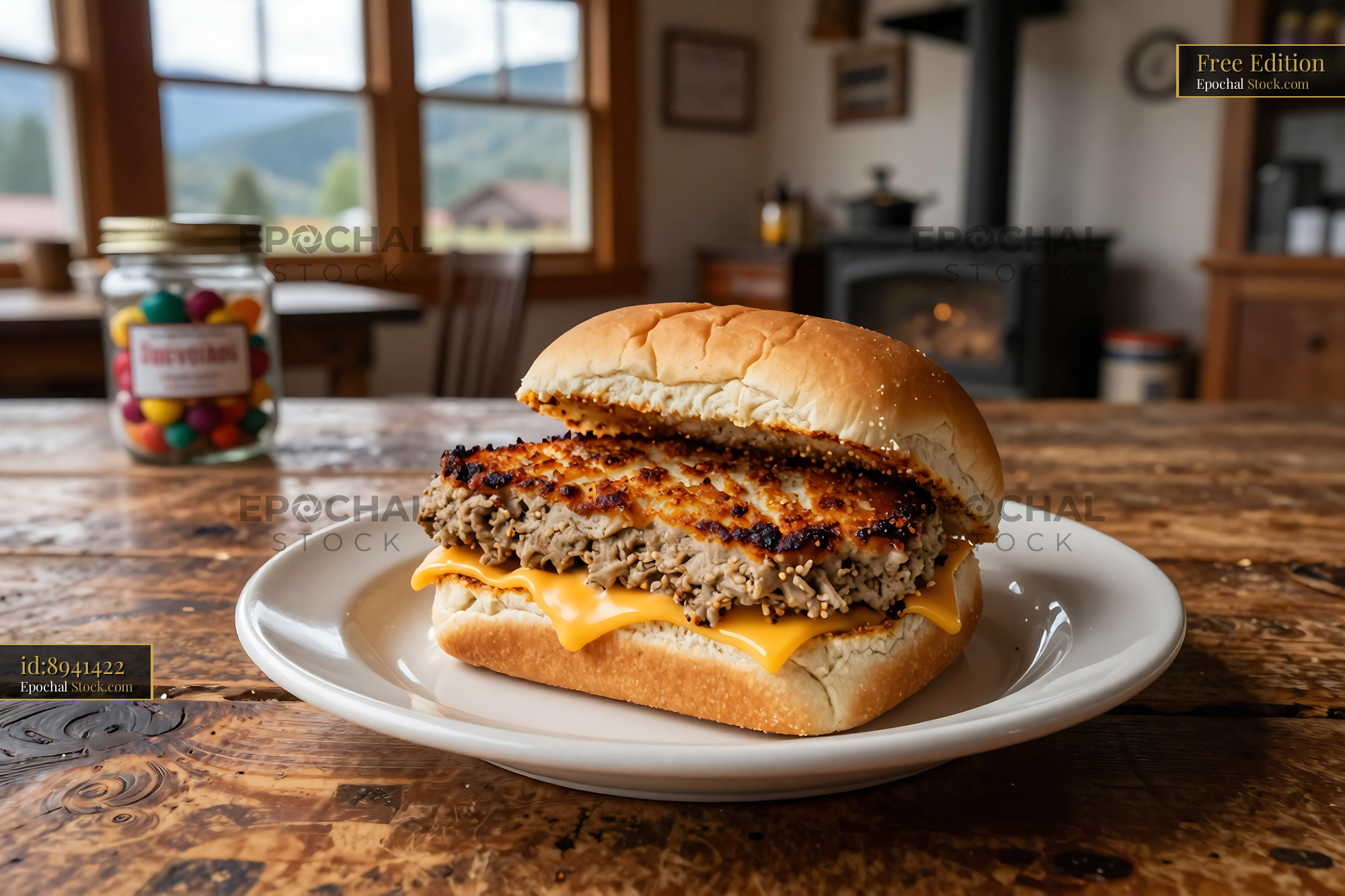 Livermush Sandwich with Cheese in Rustic Kitchen - stock photo