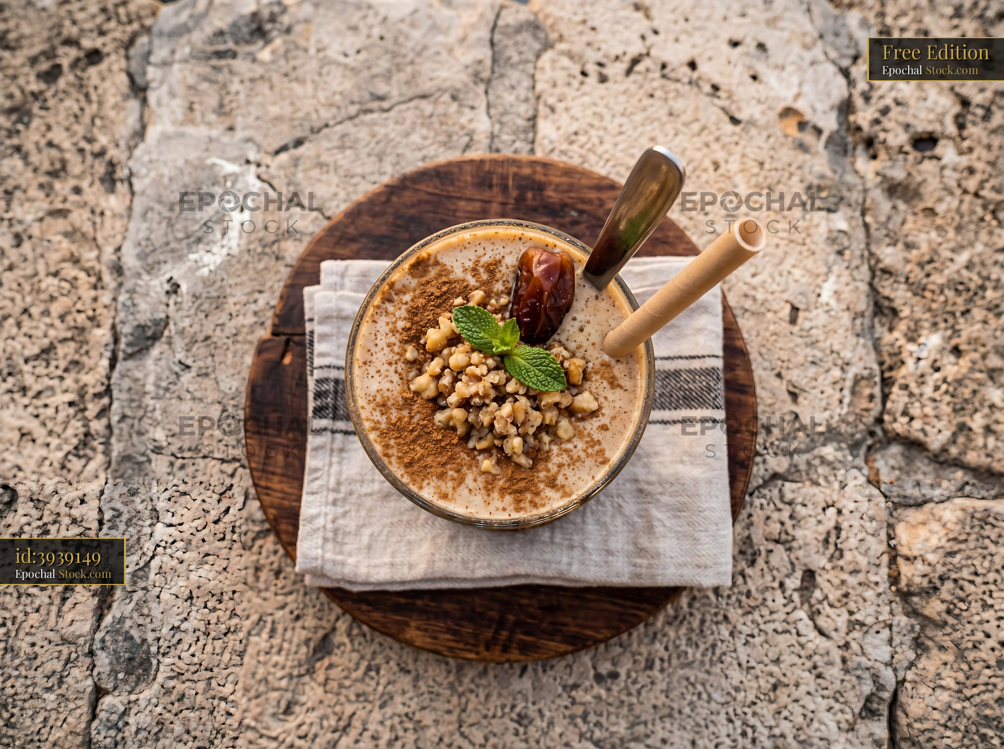 Tahini Date Shake with Spiced Toppings - stock photo